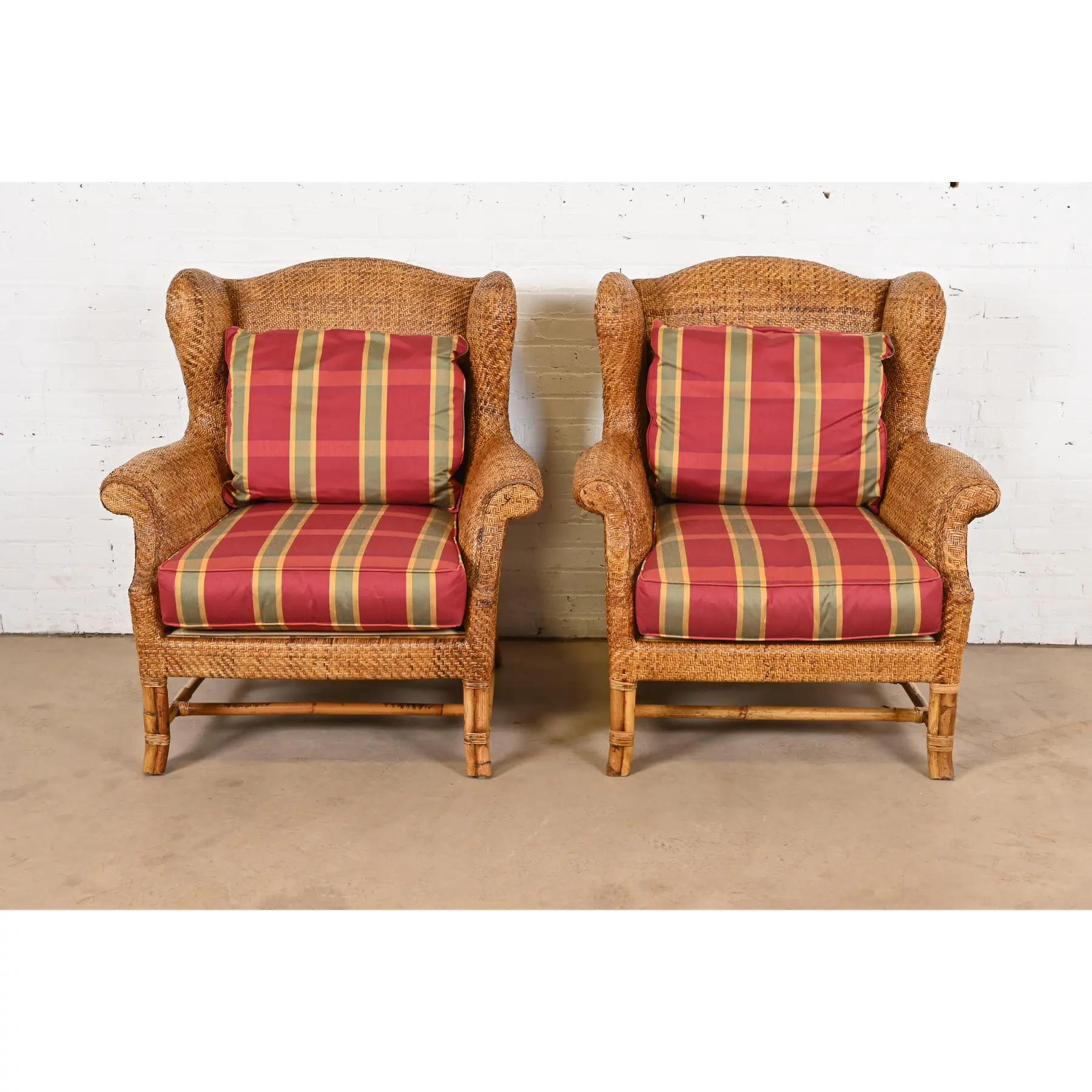 American Baker Furniture British Colonial Bamboo Rattan Wingback Lounge Chairs, Pair