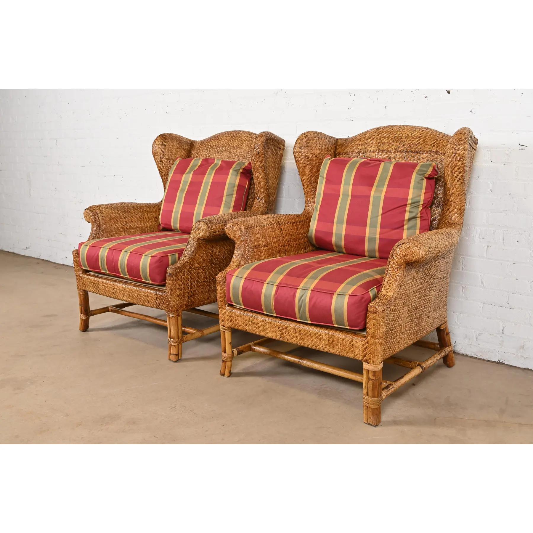 Baker Furniture British Colonial Bamboo Rattan Wingback Lounge Chairs, Pair In Good Condition In South Bend, IN