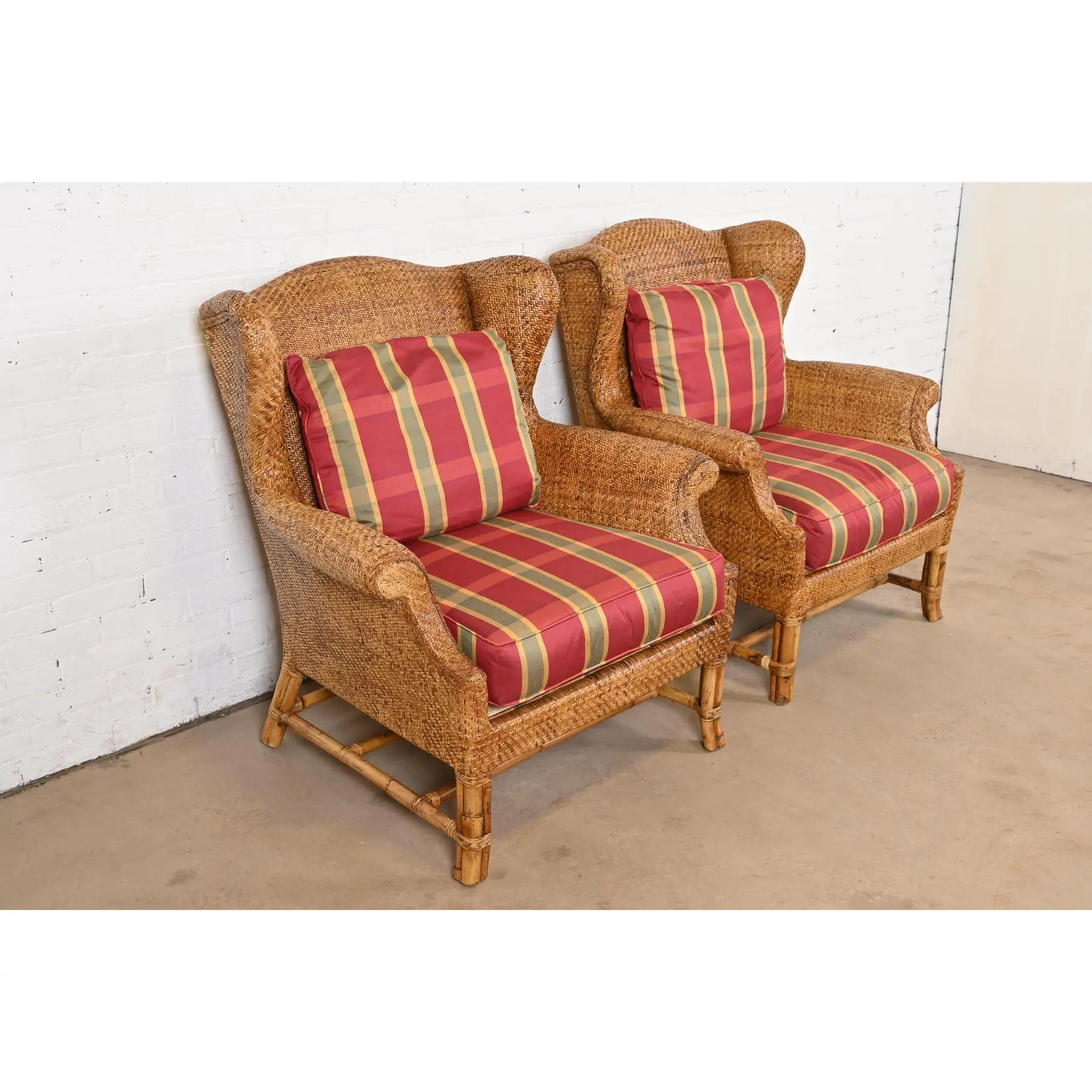 20th Century Baker Furniture British Colonial Bamboo Rattan Wingback Lounge Chairs, Pair