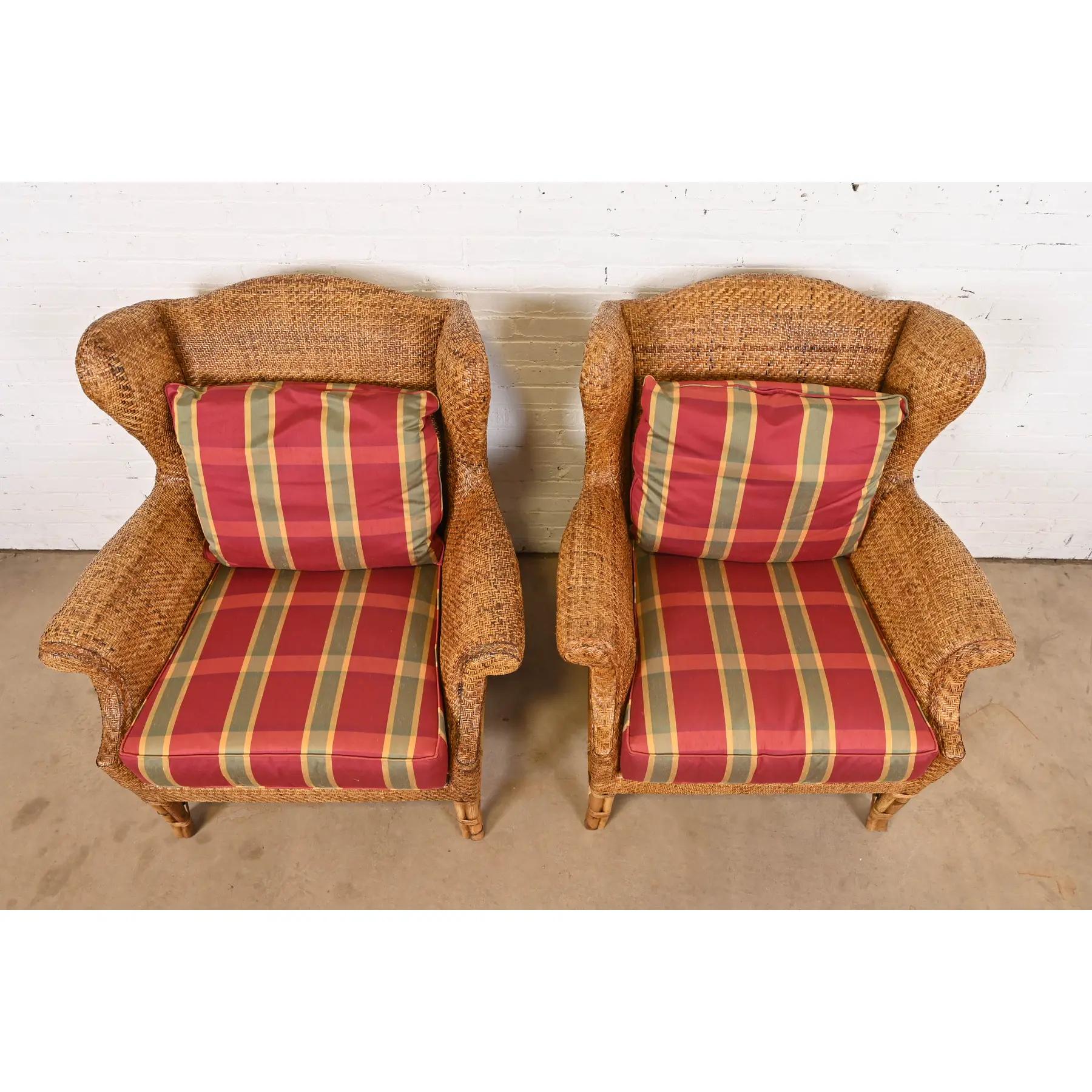 Upholstery Baker Furniture British Colonial Bamboo Rattan Wingback Lounge Chairs, Pair