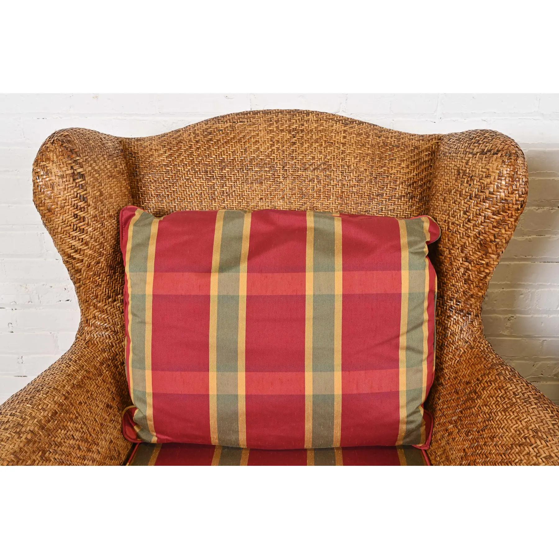 Baker Furniture British Colonial Bamboo Rattan Wingback Lounge Chairs, Pair 1