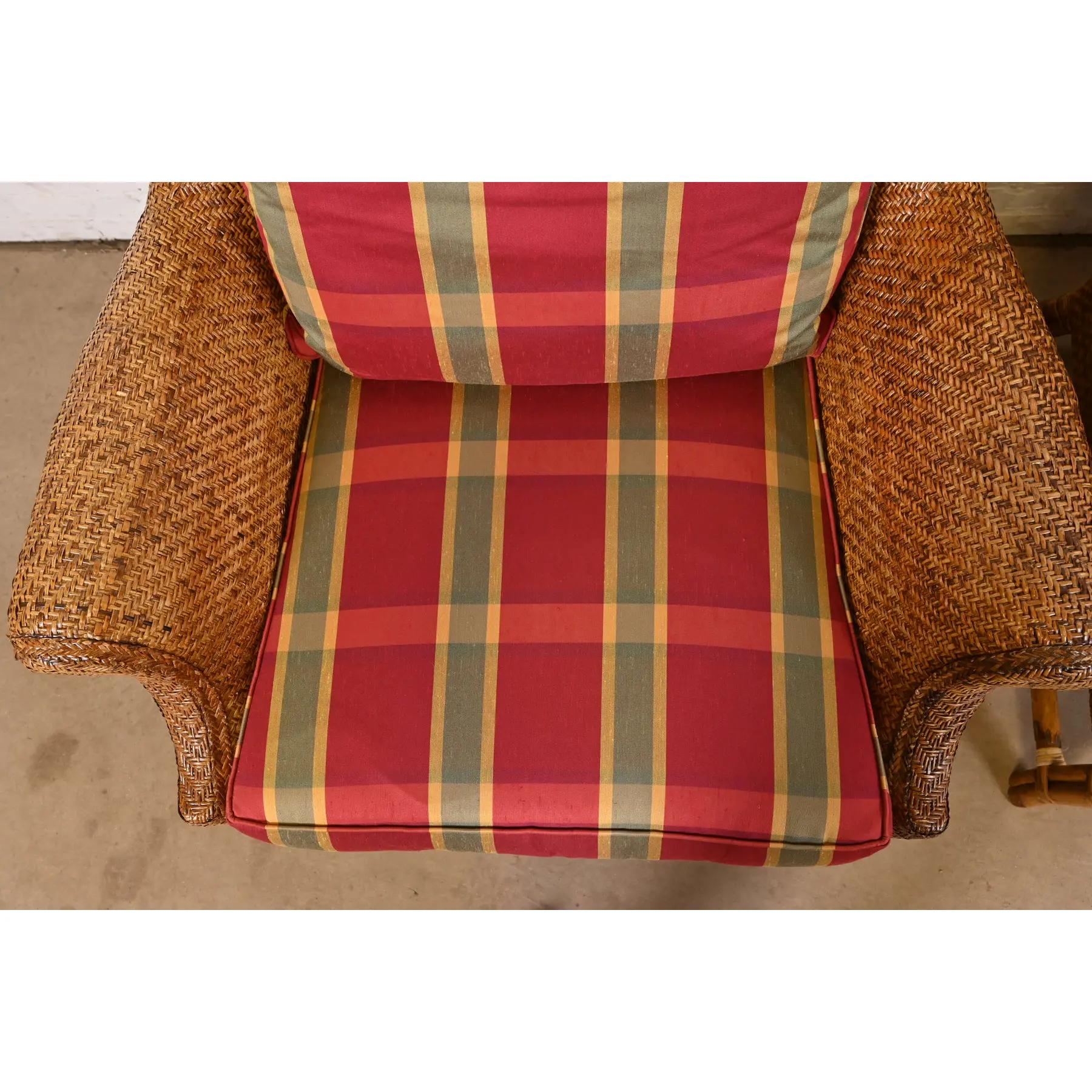 Baker Furniture British Colonial Bamboo Rattan Wingback Lounge Chairs, Pair 2