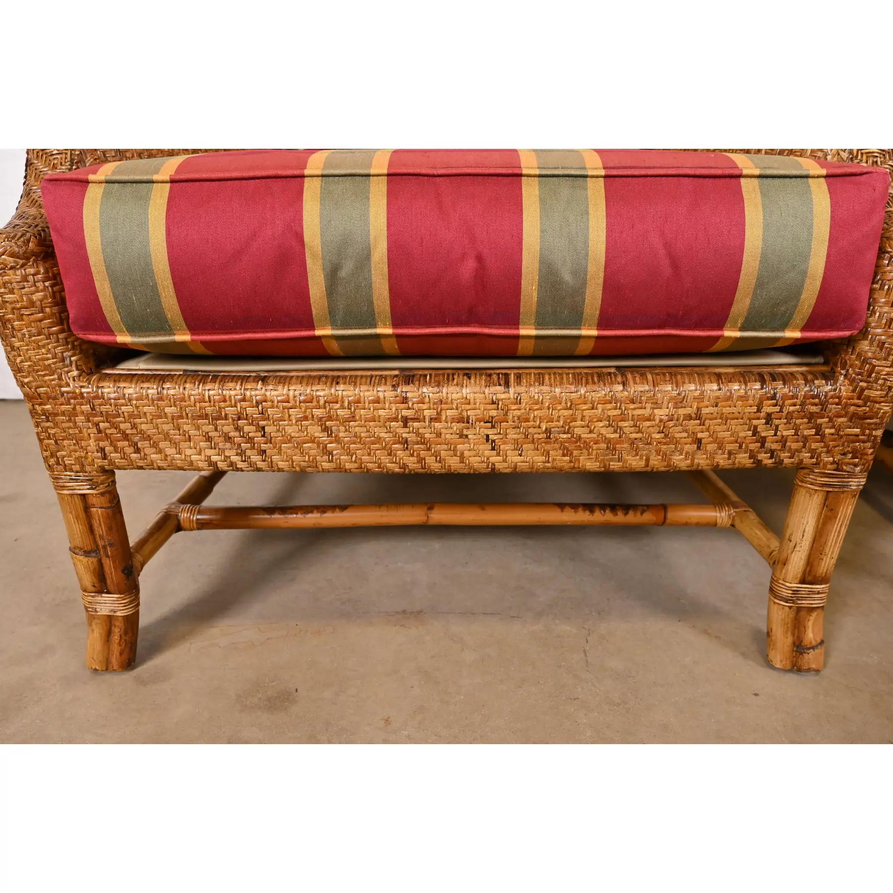 Baker Furniture British Colonial Bamboo Rattan Wingback Lounge Chairs, Pair 3