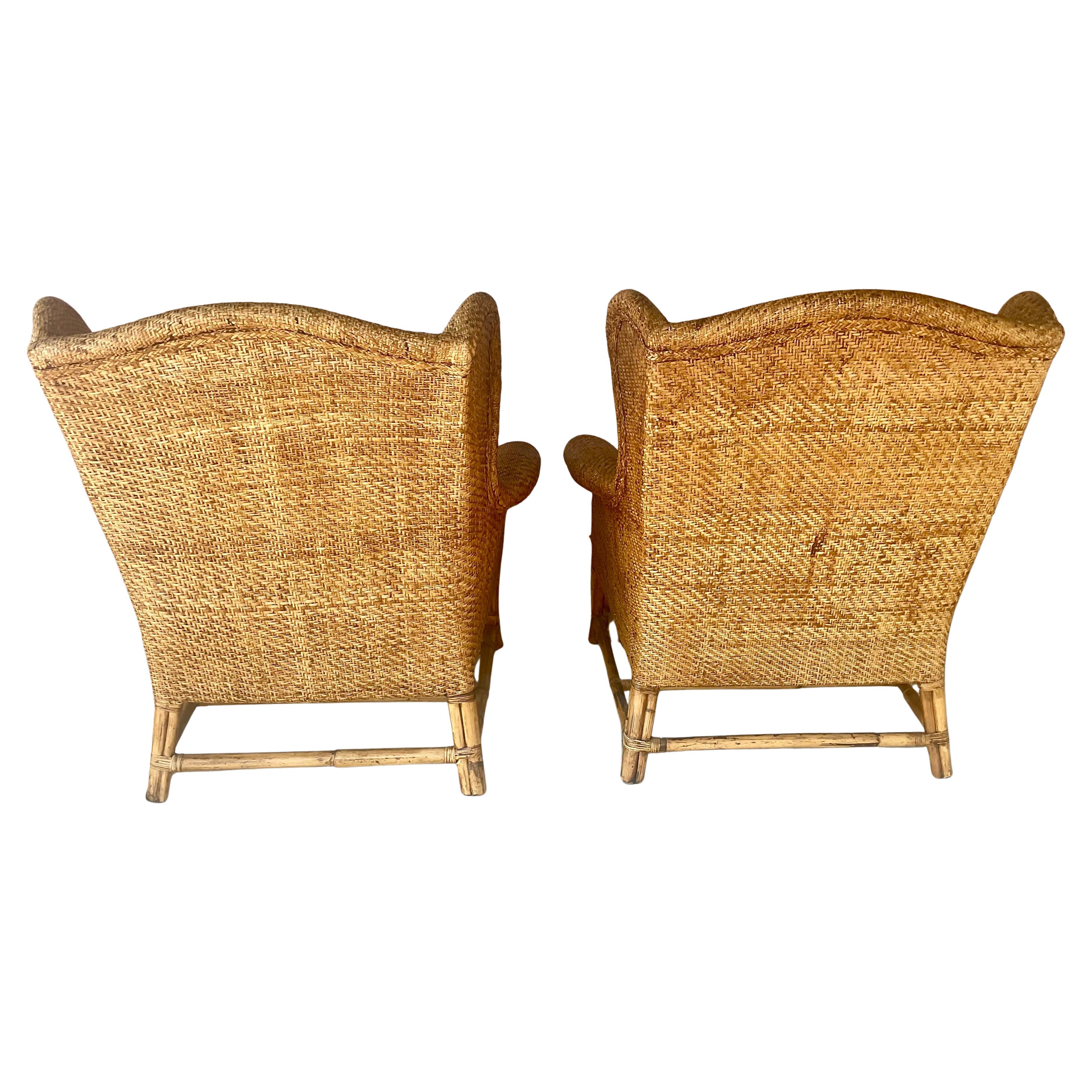 Coloniale britannico Baker Furniture Sedie ad ala in vimini e bambù British Colonial in vendita