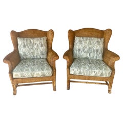 Baker Furniture British Colonial Wicker and Bamboo Wing Chairs