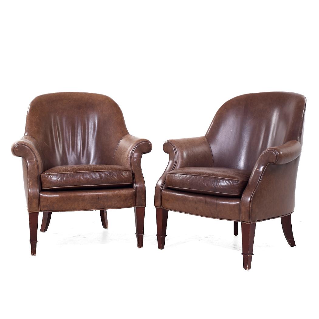 Modern Baker Furniture Brown Leather Barrel Club Lounge Chairs For Sale
