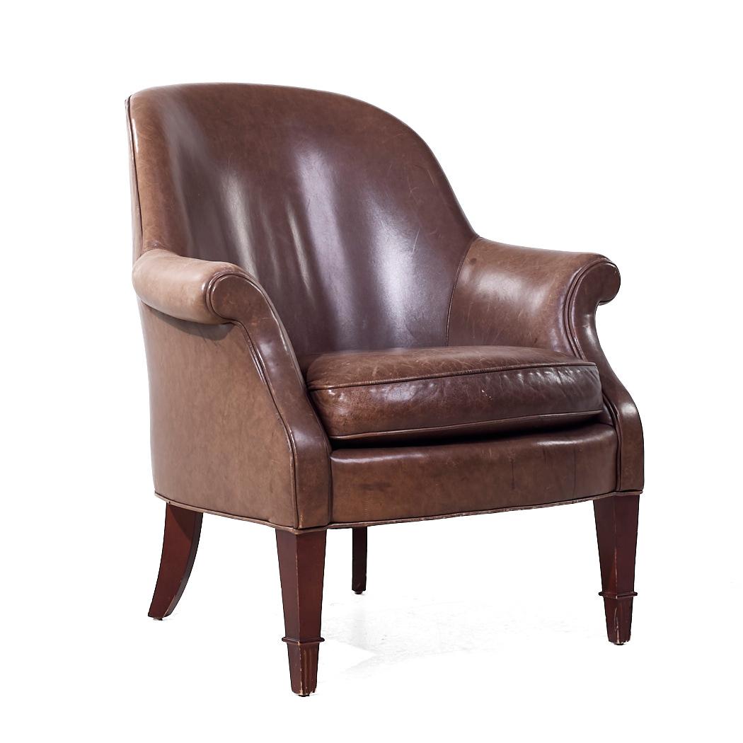 American Baker Furniture Brown Leather Barrel Club Lounge Chairs For Sale
