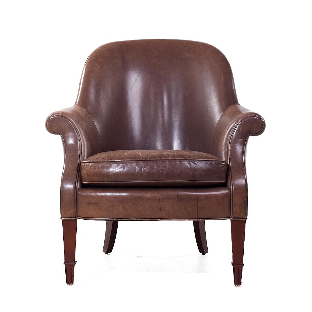 Baker Furniture Brown Leather Barrel Club Lounge Chairs In Good Condition For Sale In Countryside, IL