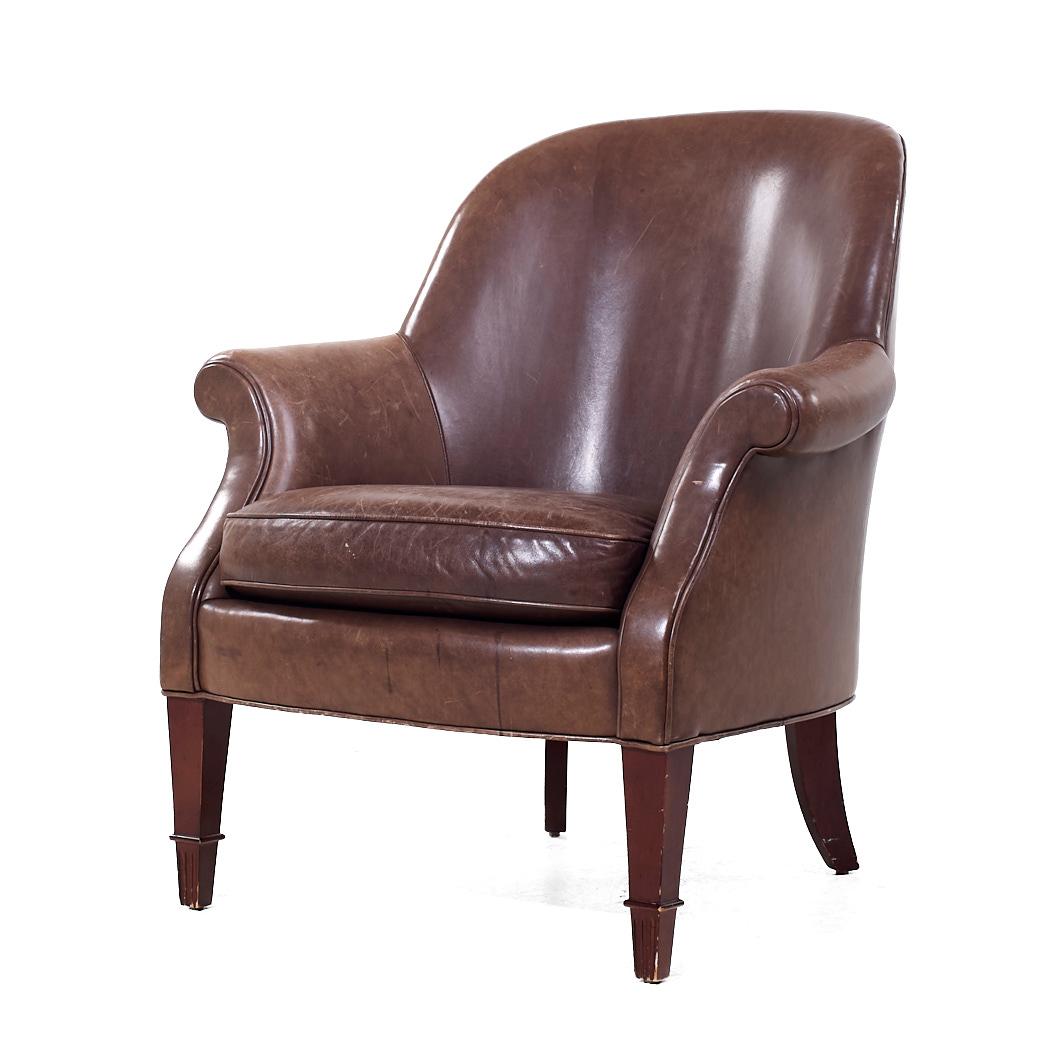 Contemporary Baker Furniture Brown Leather Barrel Club Lounge Chairs For Sale