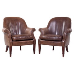 Baker Furniture Brown Leather Barrel Club Lounge Chairs