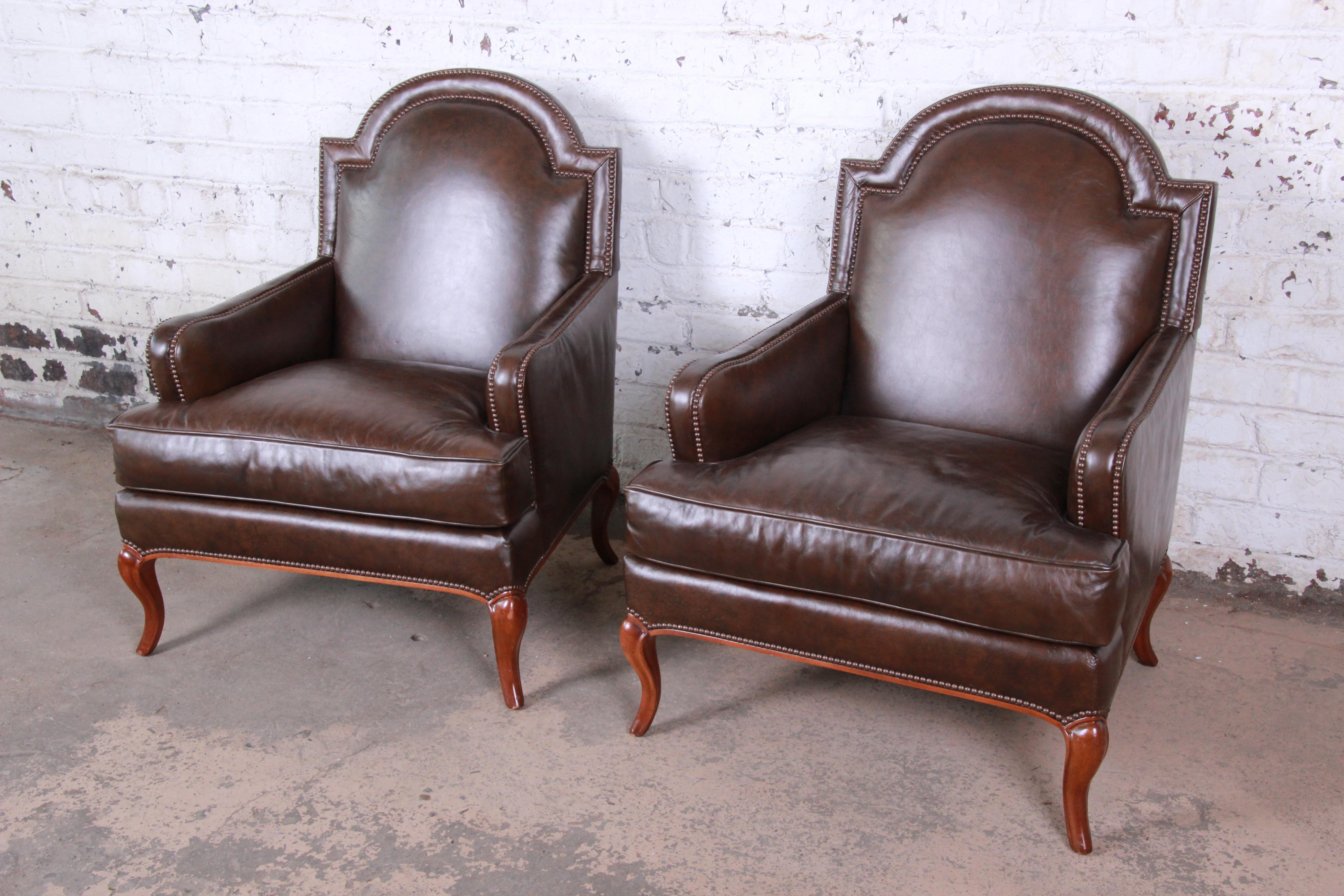 Modern Baker Furniture Brown Leather Lounge Chairs, Pair