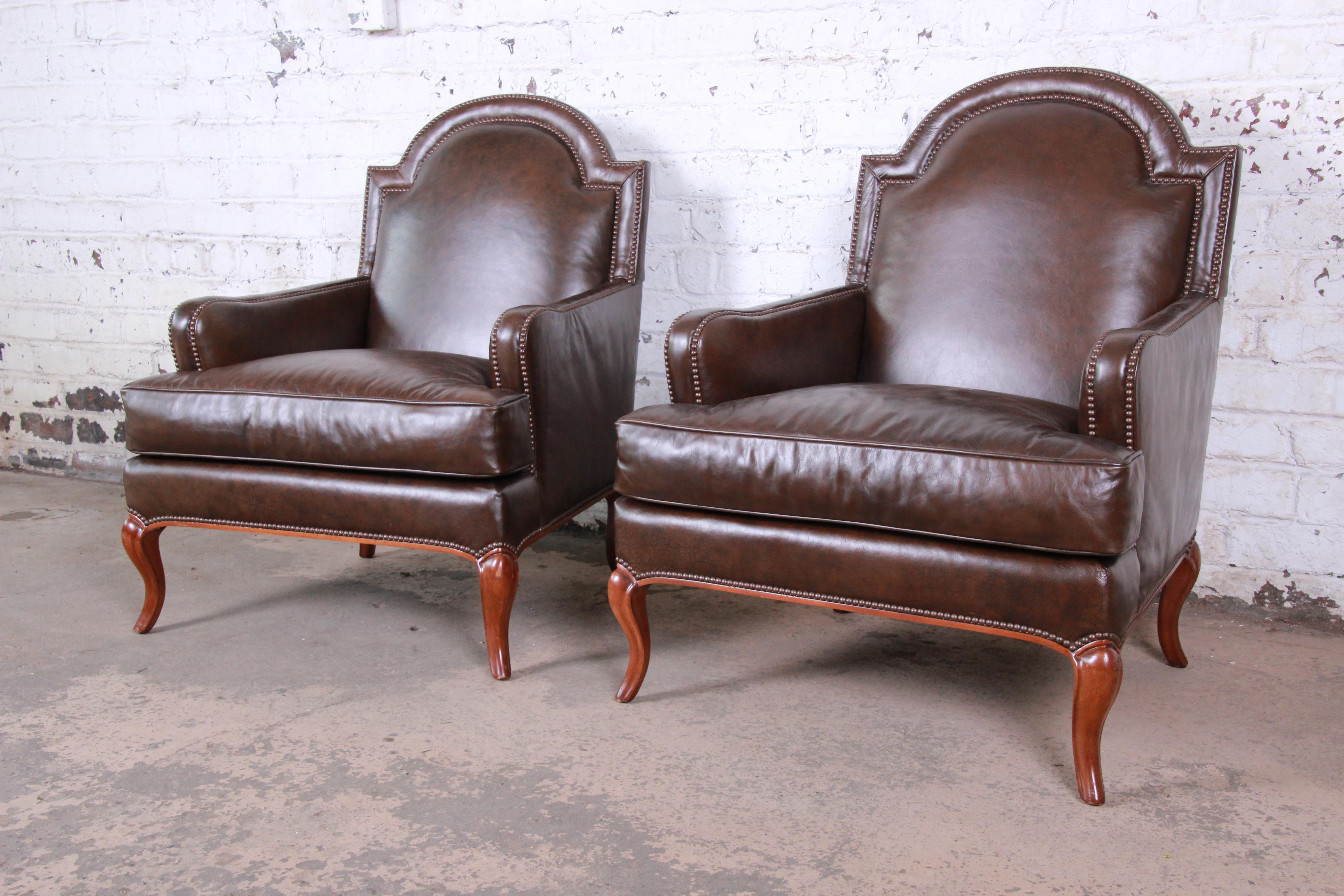 American Baker Furniture Brown Leather Lounge Chairs, Pair