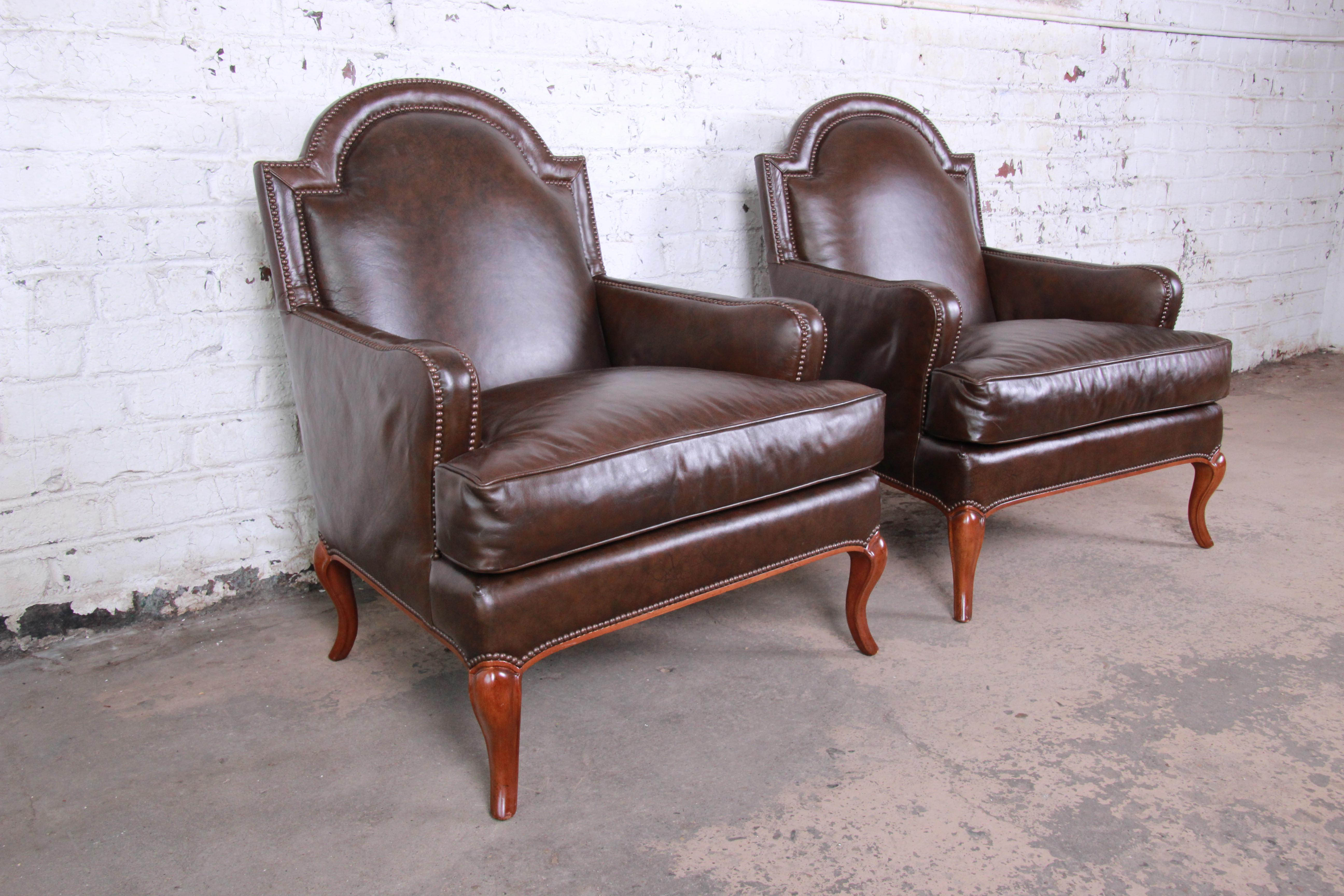 Baker Furniture Brown Leather Lounge Chairs, Pair In Good Condition In South Bend, IN