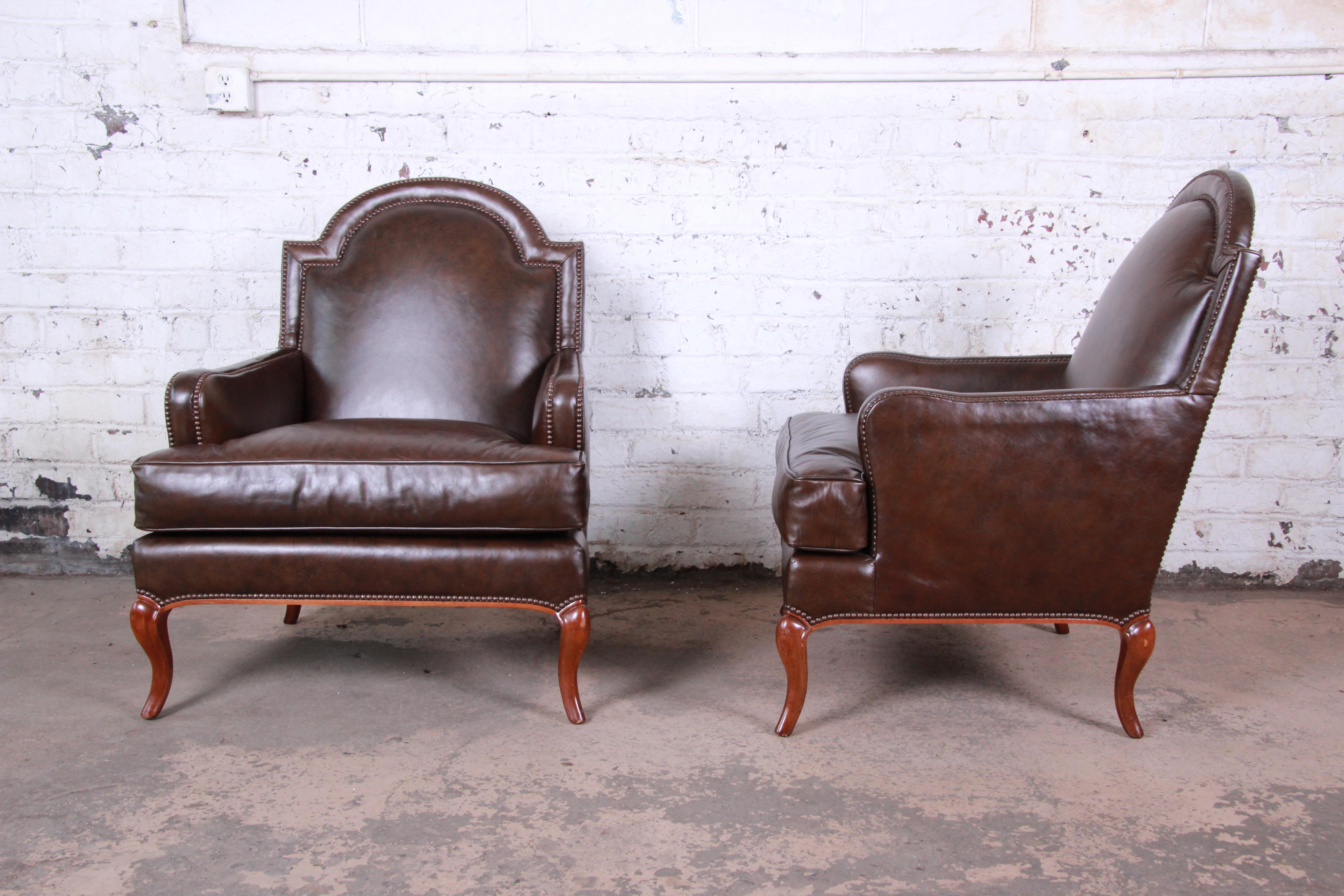 Contemporary Baker Furniture Brown Leather Lounge Chairs, Pair