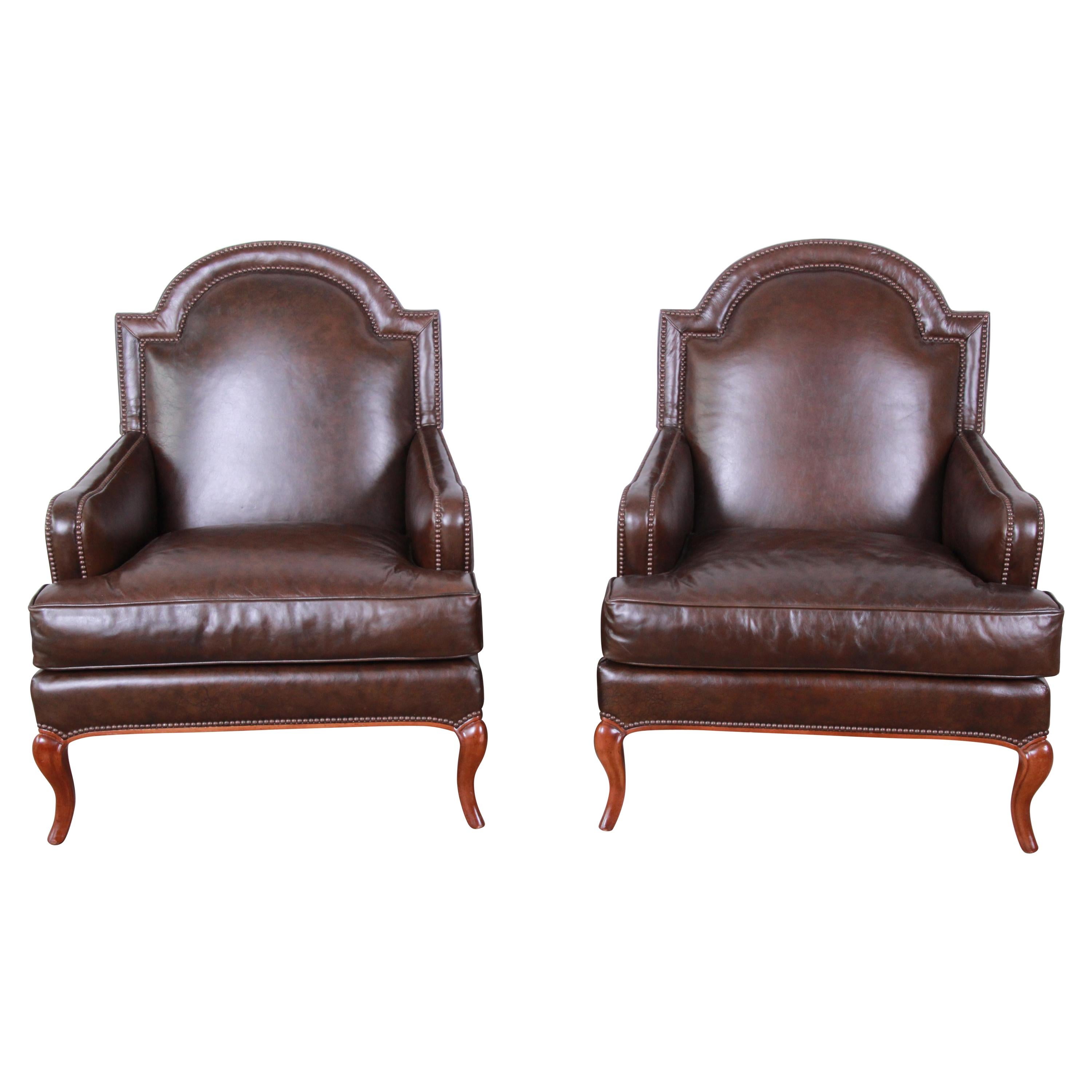 Baker Furniture Brown Leather Lounge Chairs, Pair