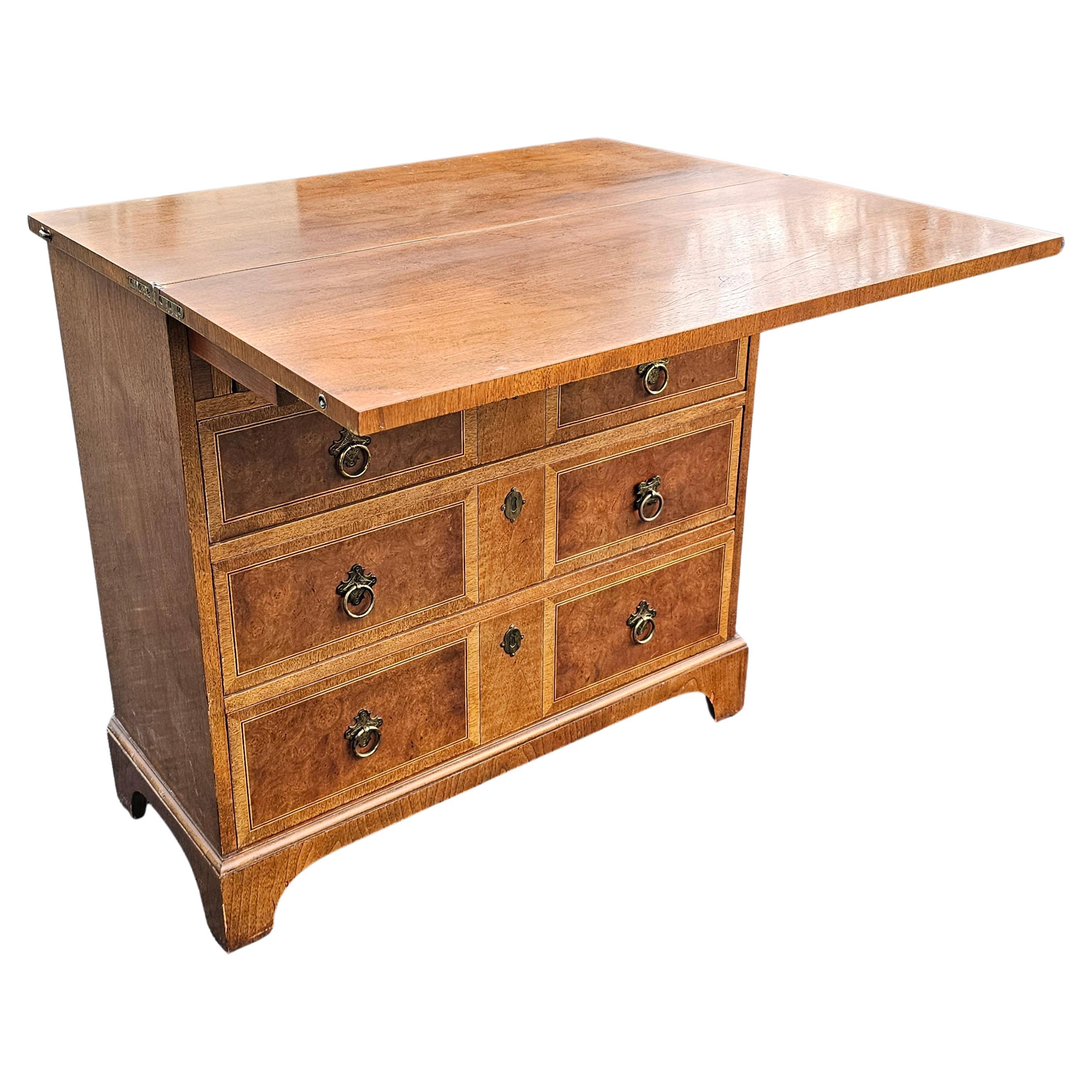 Baker Furniture Burl Mahogany & Satinwood Inlay Fliptop 5 Drawer Secretary Chest In Good Condition In Germantown, MD
