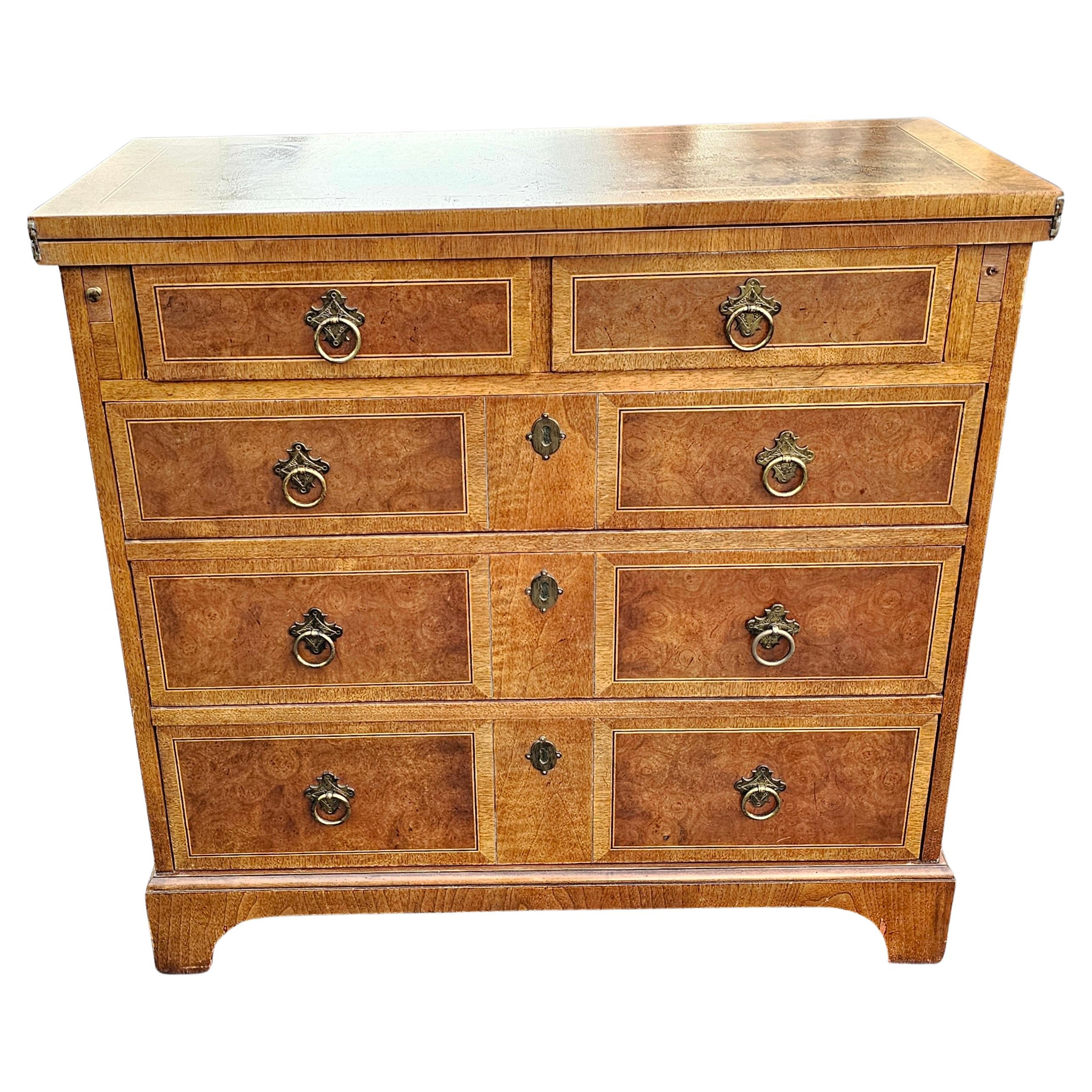 Georgian Baker Furniture Burl Mahogany & Satinwood Inlay Fliptop 5 Drawer Secretary Chest