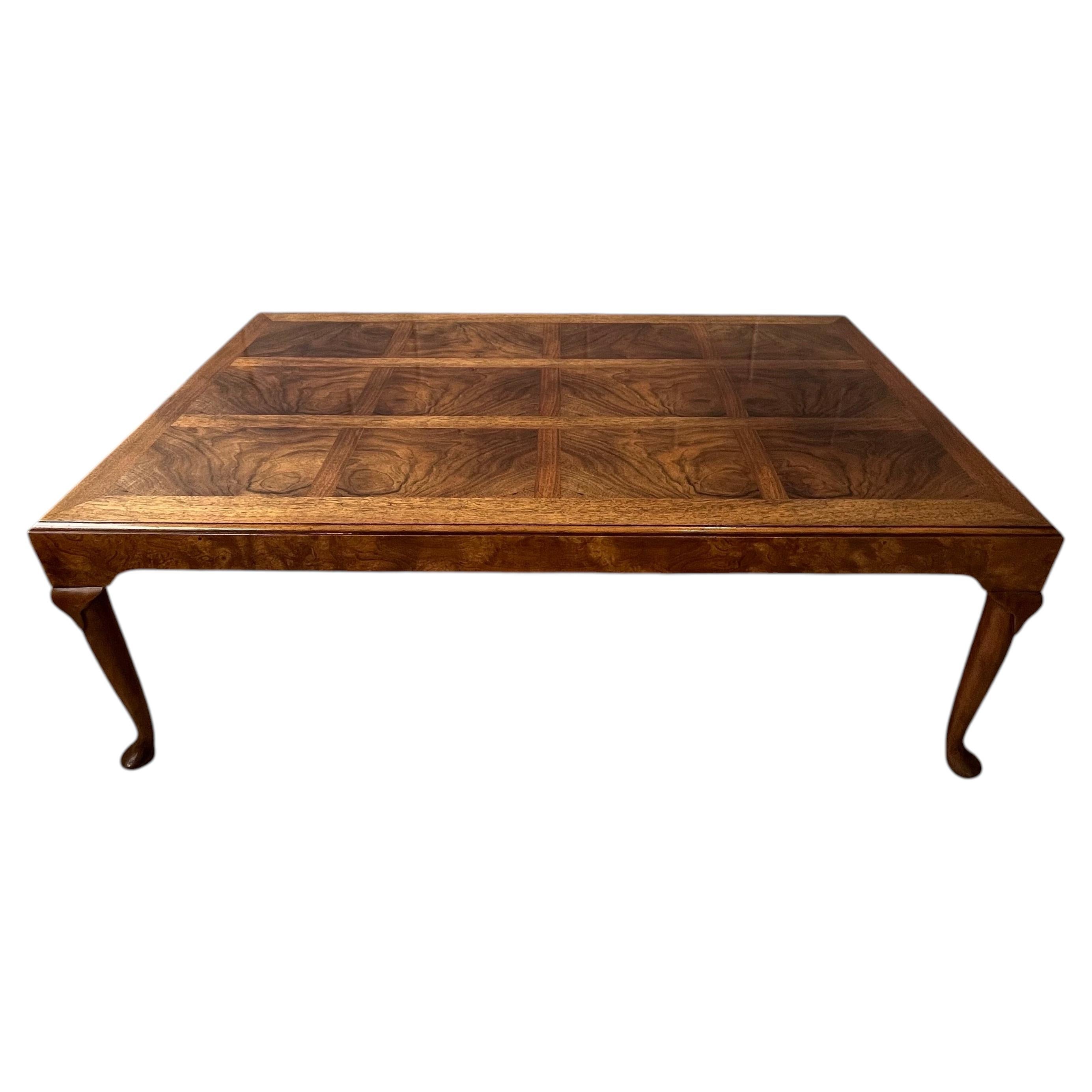 Baker Furniture Burl Walnut Queen Anne Coffee Table with Parquetry Top