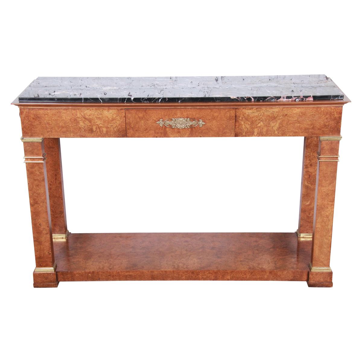 Baker Furniture Burl Wood and Italian Marble Neoclassical Console Table