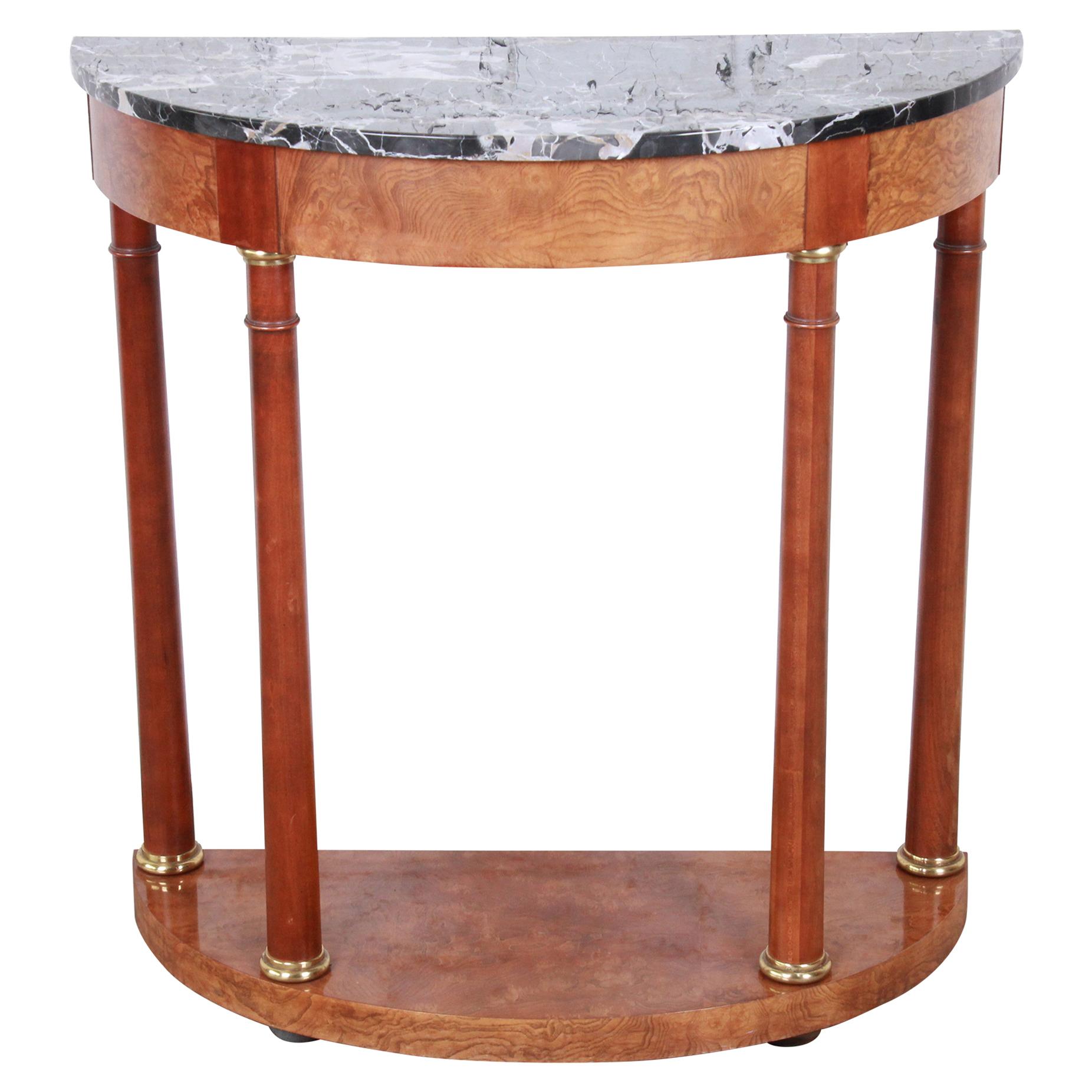 Baker Furniture Burl Wood and Italian Marble Neoclassical Demilune Console Table