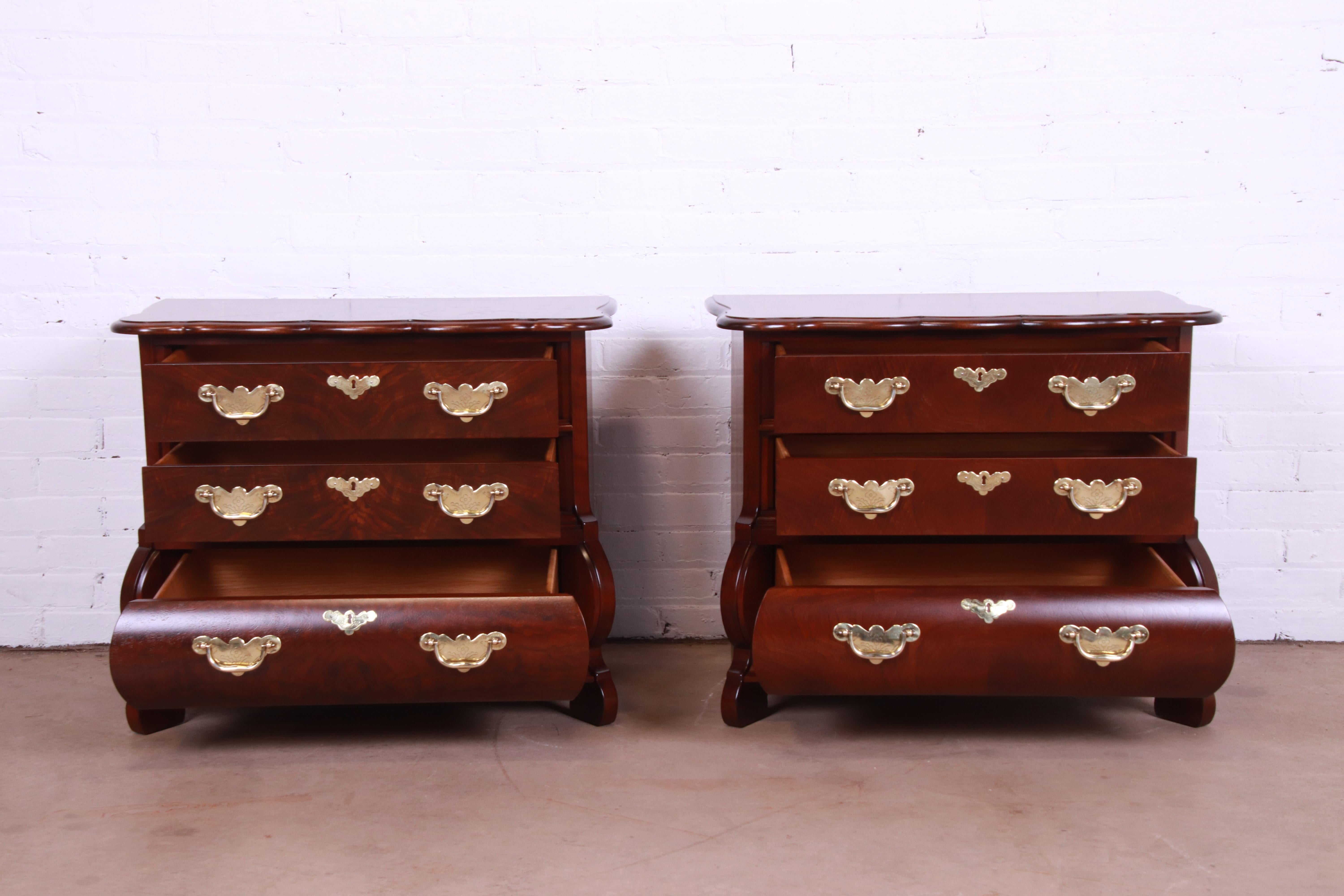 Baker Furniture Burl Wood and Walnut Bombay Form Bedside Chests, Refinished For Sale 4