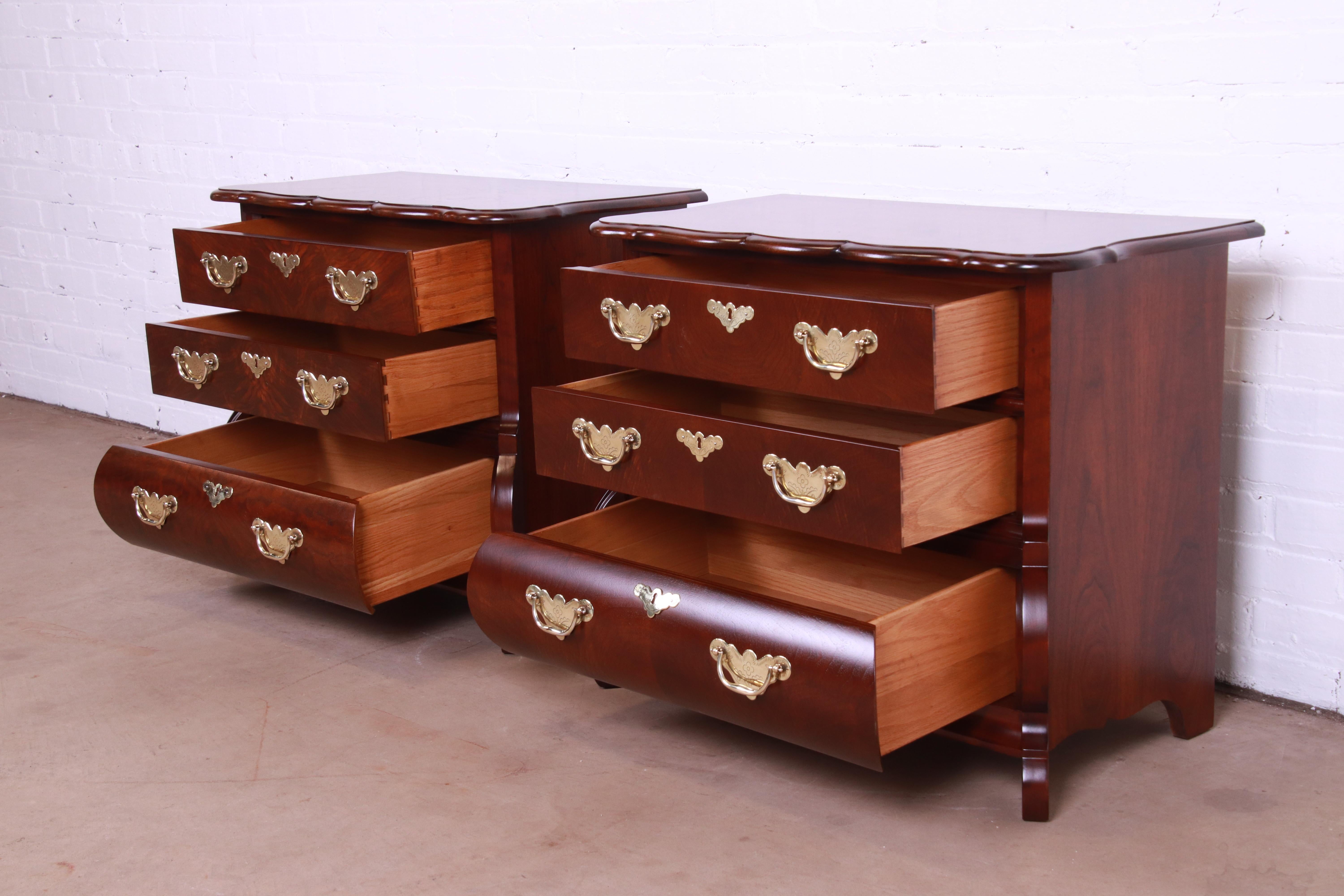 Baker Furniture Burl Wood and Walnut Bombay Form Bedside Chests, Refinished For Sale 5