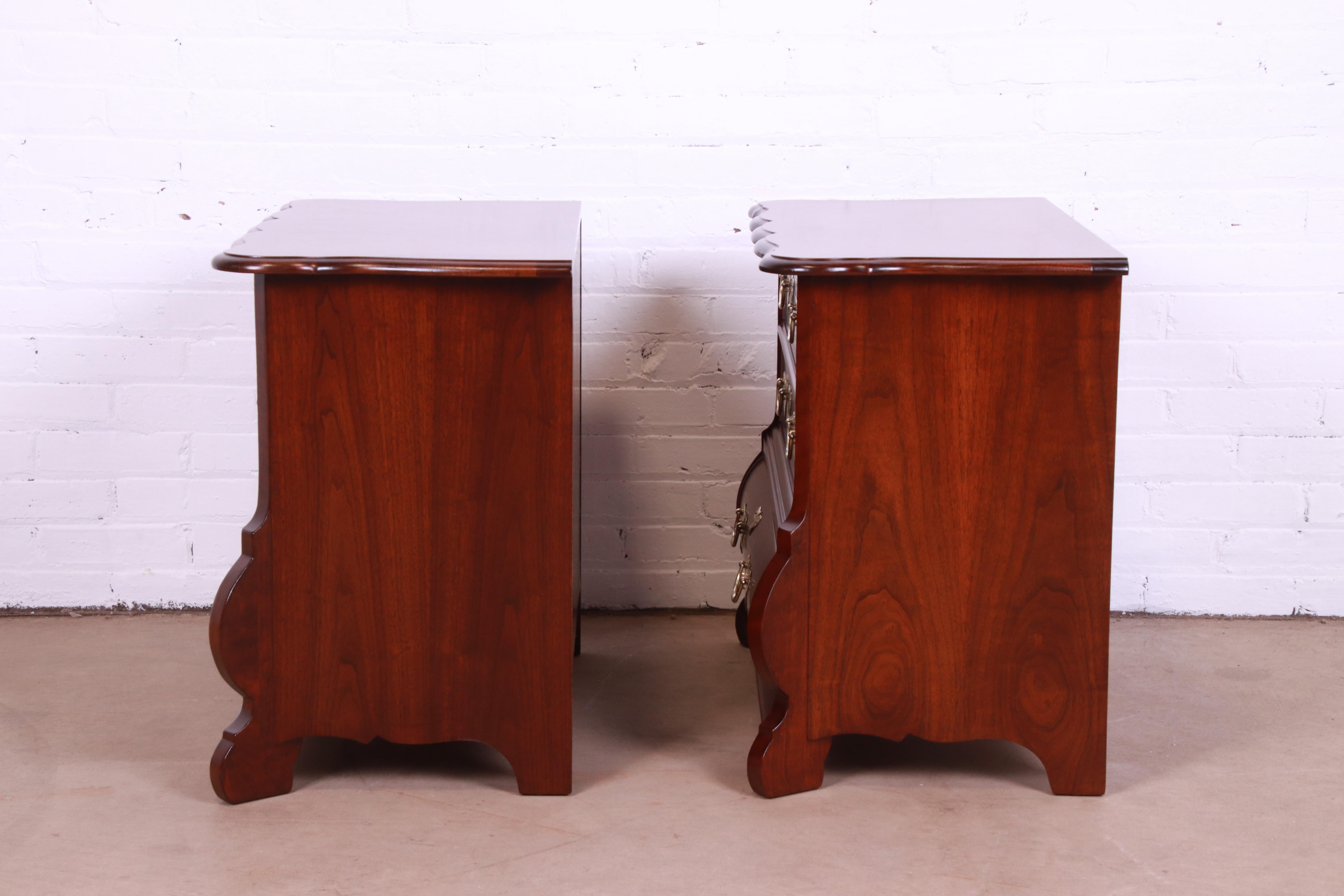 Baker Furniture Burl Wood and Walnut Bombay Form Bedside Chests, Refinished For Sale 6