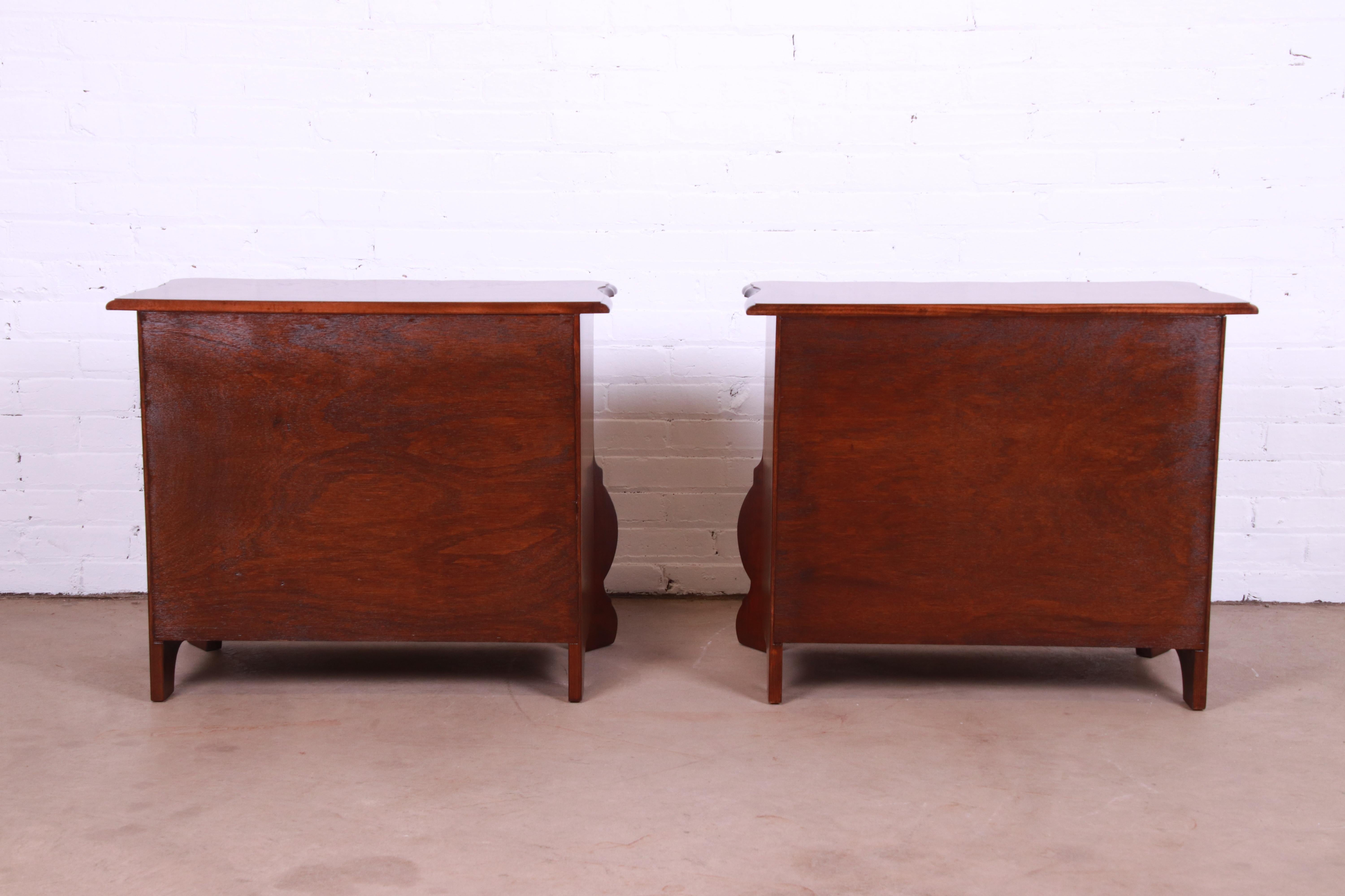 Baker Furniture Burl Wood and Walnut Bombay Form Bedside Chests, Refinished For Sale 8