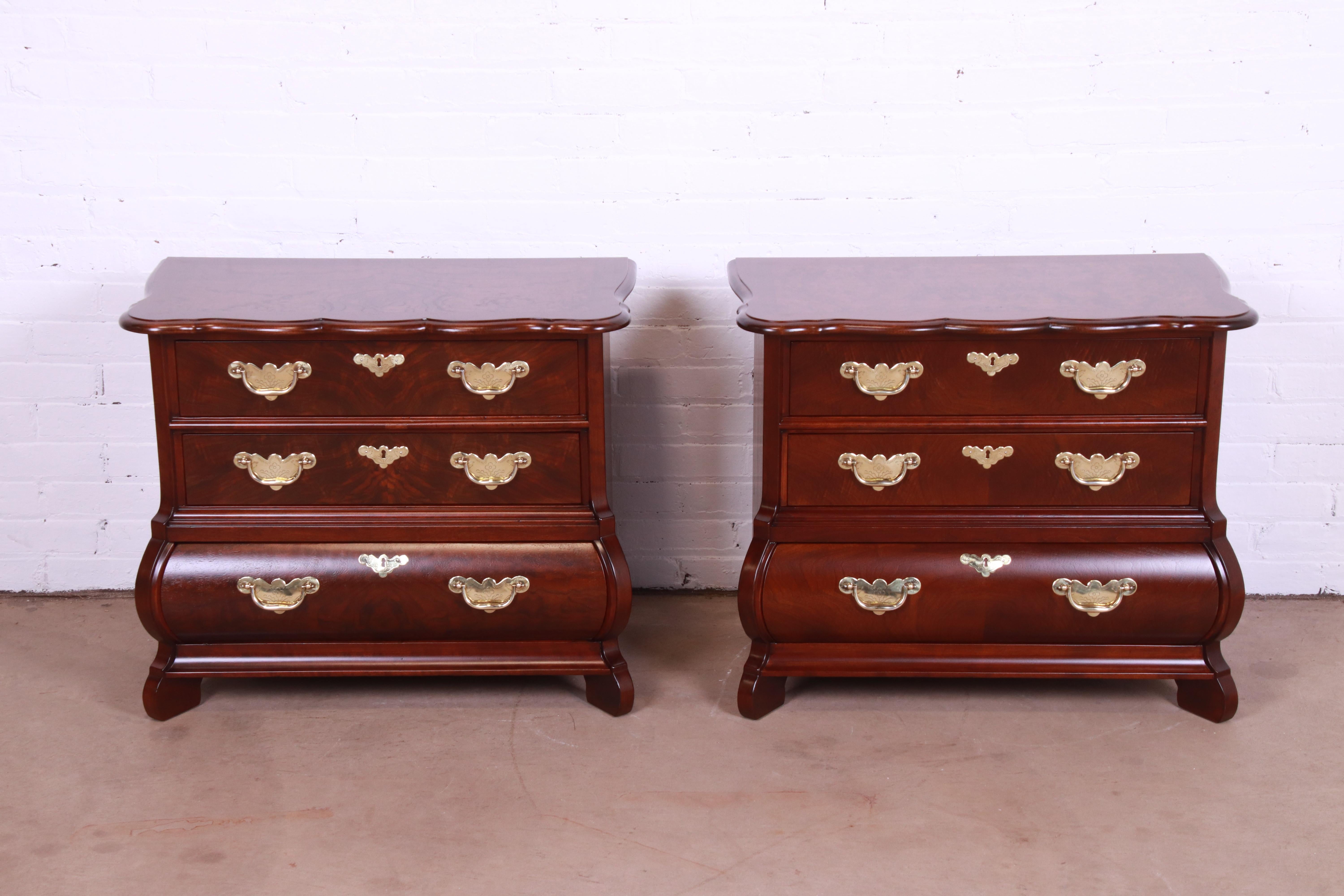 French Provincial Baker Furniture Burl Wood and Walnut Bombay Form Bedside Chests, Refinished For Sale