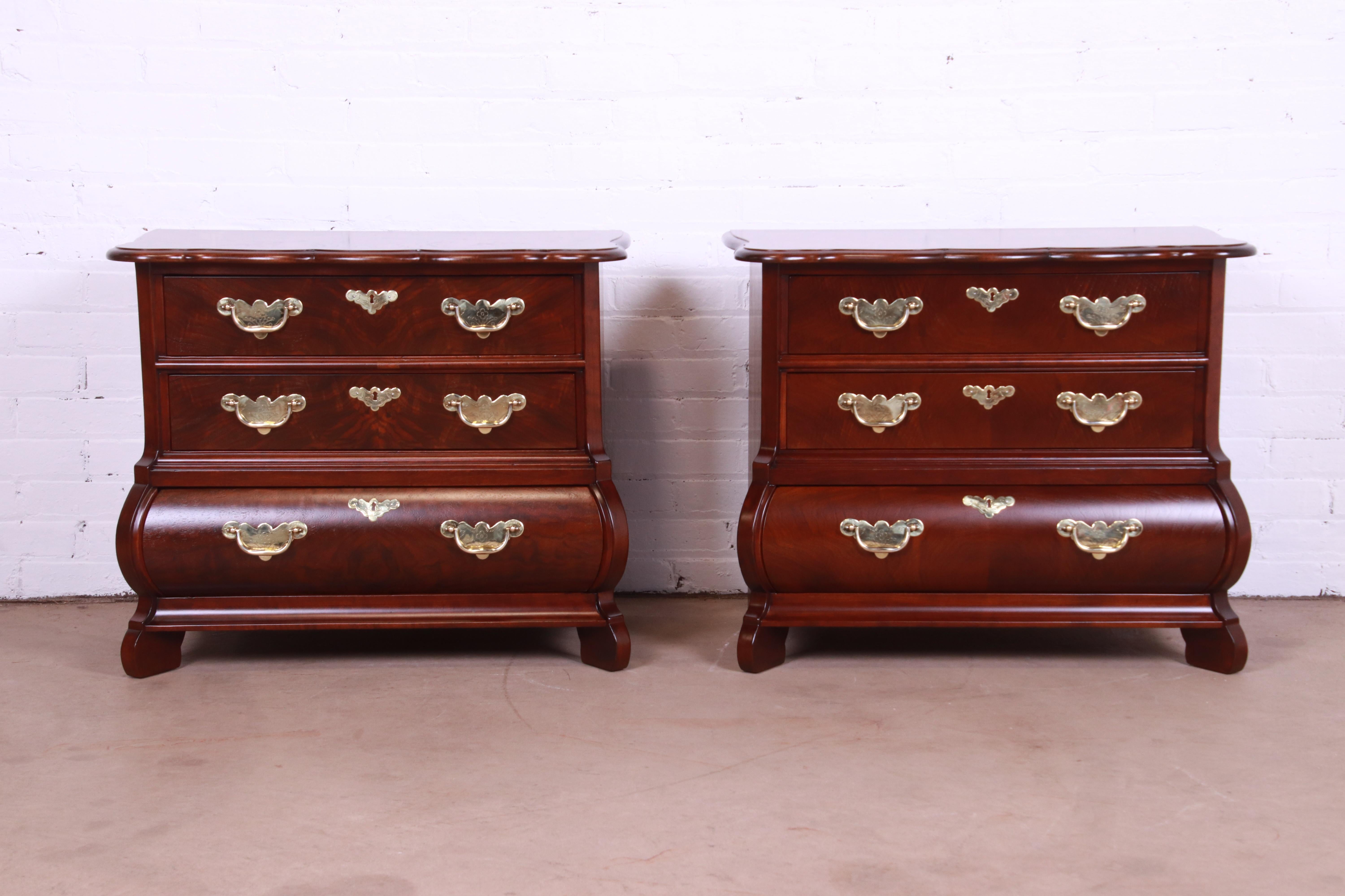 American Baker Furniture Burl Wood and Walnut Bombay Form Bedside Chests, Refinished For Sale