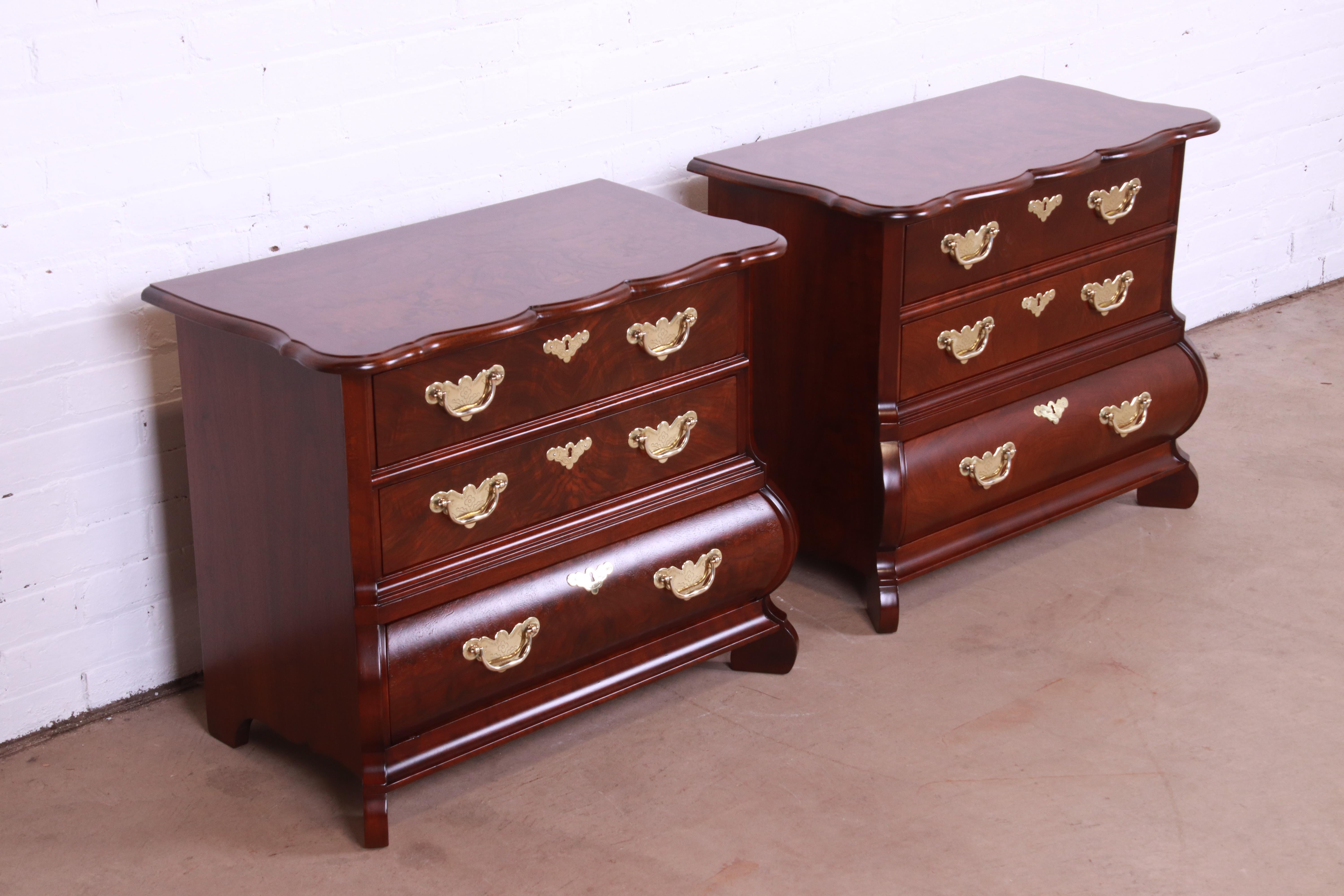 Baker Furniture Burl Wood and Walnut Bombay Form Bedside Chests, Refinished In Good Condition For Sale In South Bend, IN