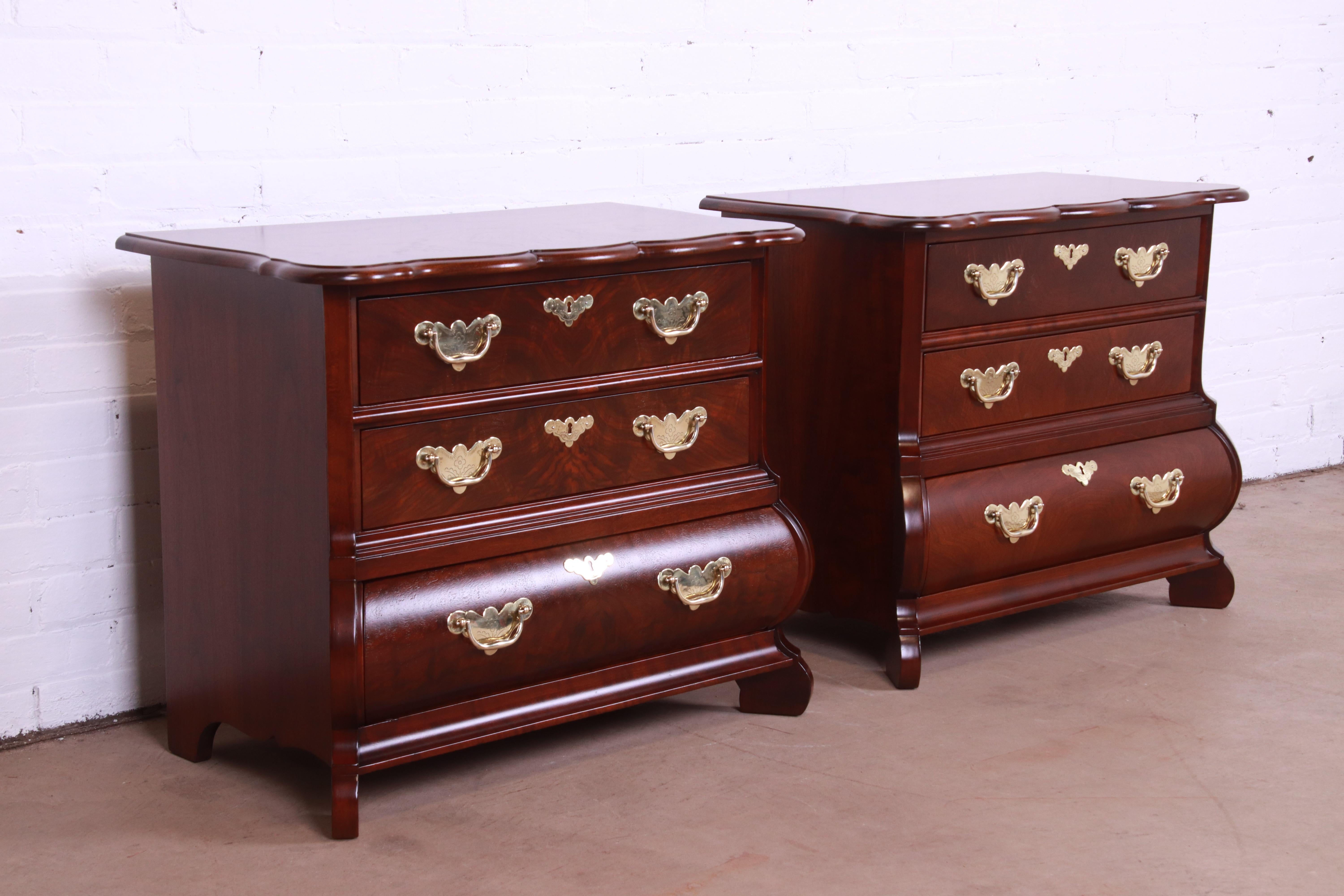 20th Century Baker Furniture Burl Wood and Walnut Bombay Form Bedside Chests, Refinished For Sale