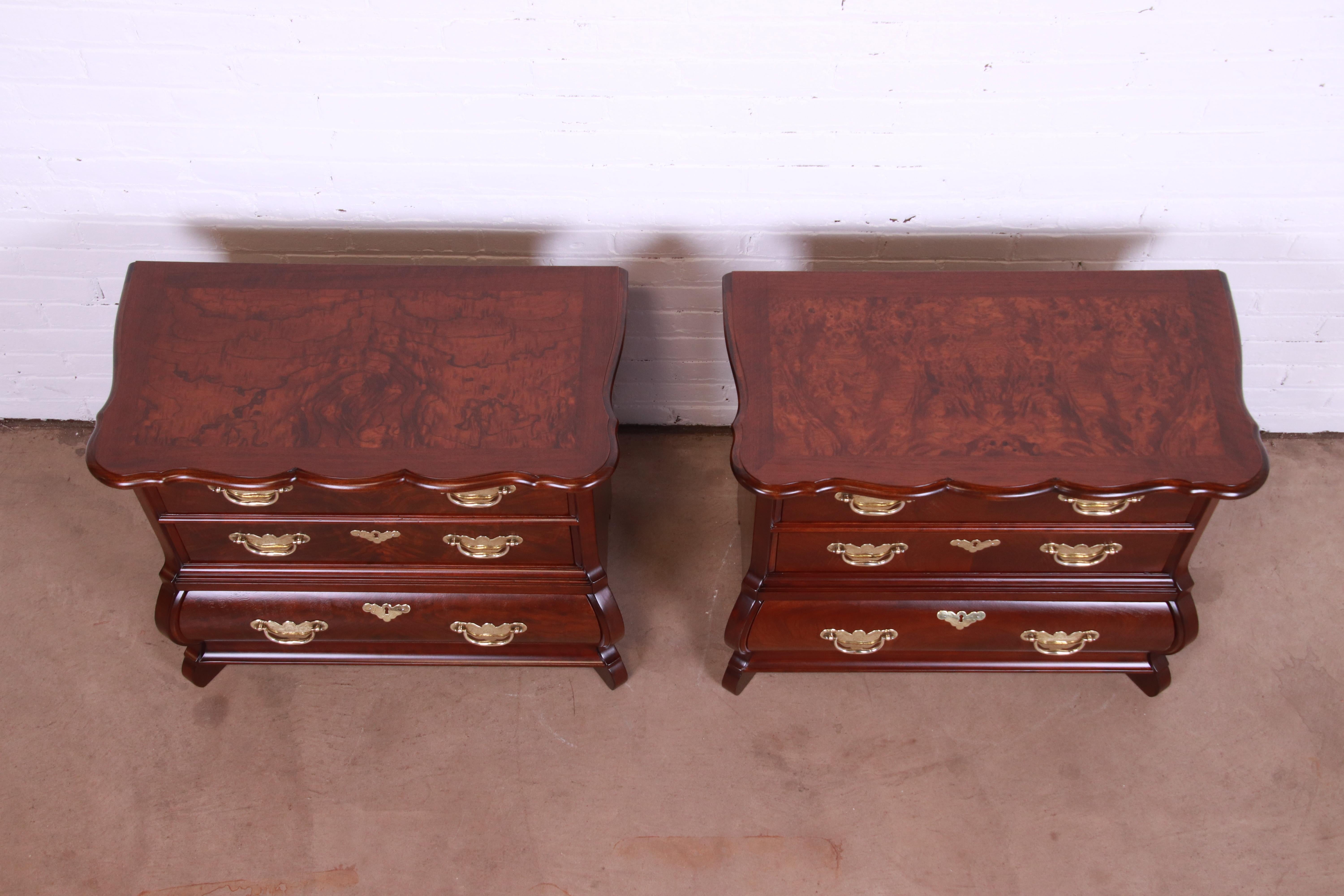 Brass Baker Furniture Burl Wood and Walnut Bombay Form Bedside Chests, Refinished For Sale