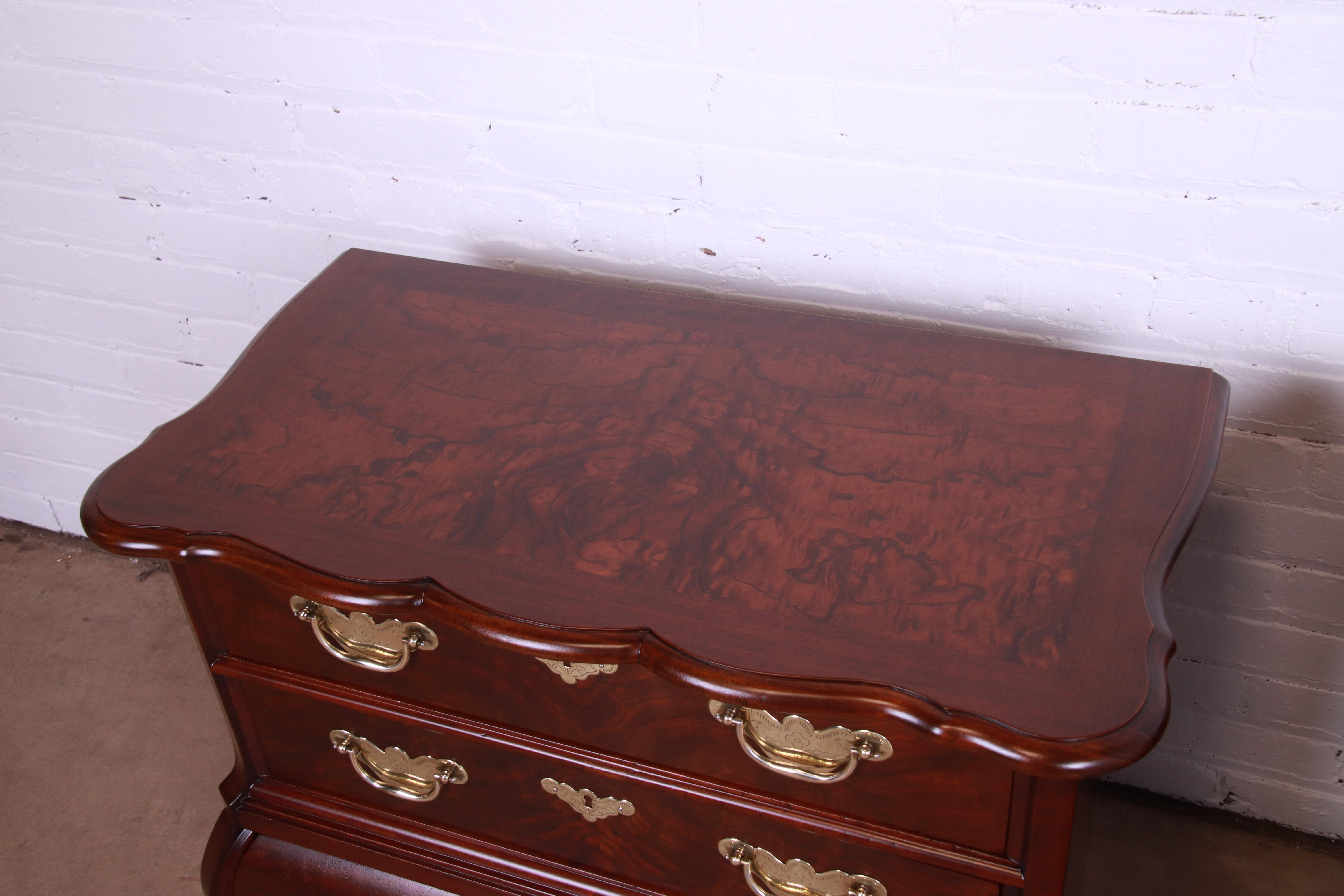 Baker Furniture Burl Wood and Walnut Bombay Form Bedside Chests, Refinished For Sale 1