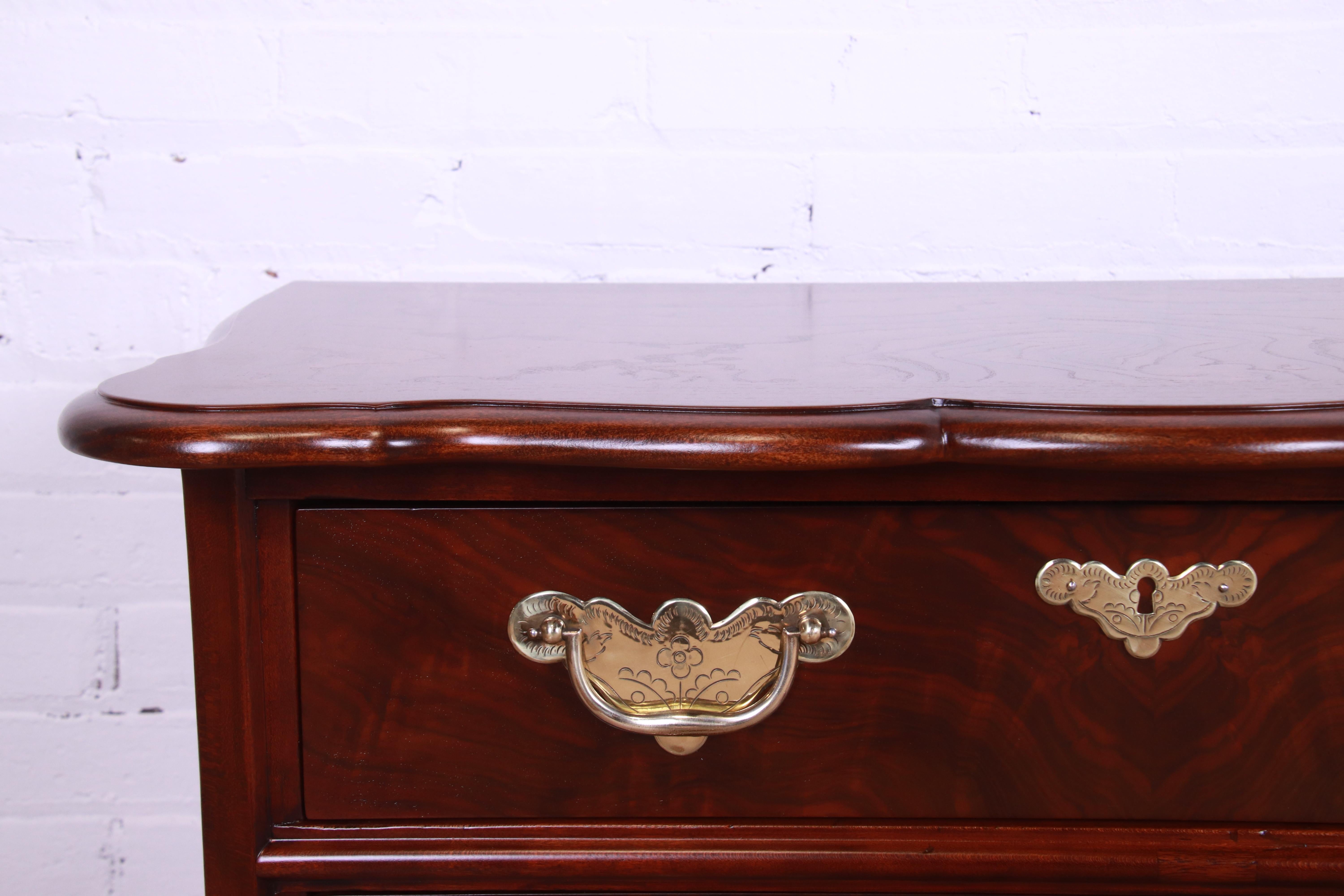 Baker Furniture Burl Wood and Walnut Bombay Form Bedside Chests, Refinished For Sale 2