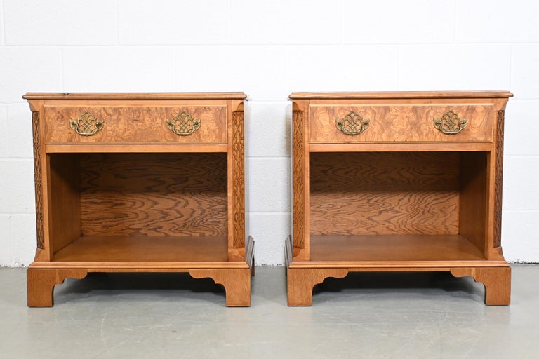 American Baker Furniture Burl Wood Chippendale Nightstands, a Pair For Sale