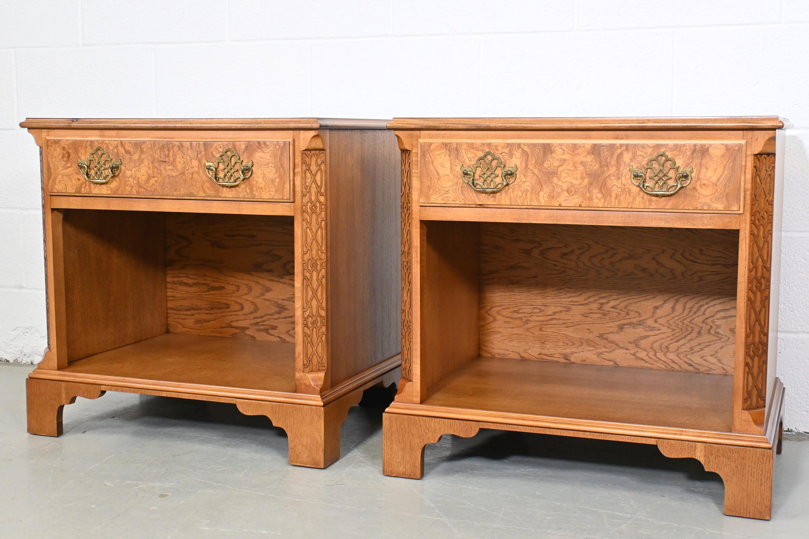 Lacquered Baker Furniture Burl Wood Chippendale Nightstands, a Pair For Sale