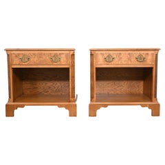 Baker Furniture Burl Wood Chippendale Nightstands, a Pair