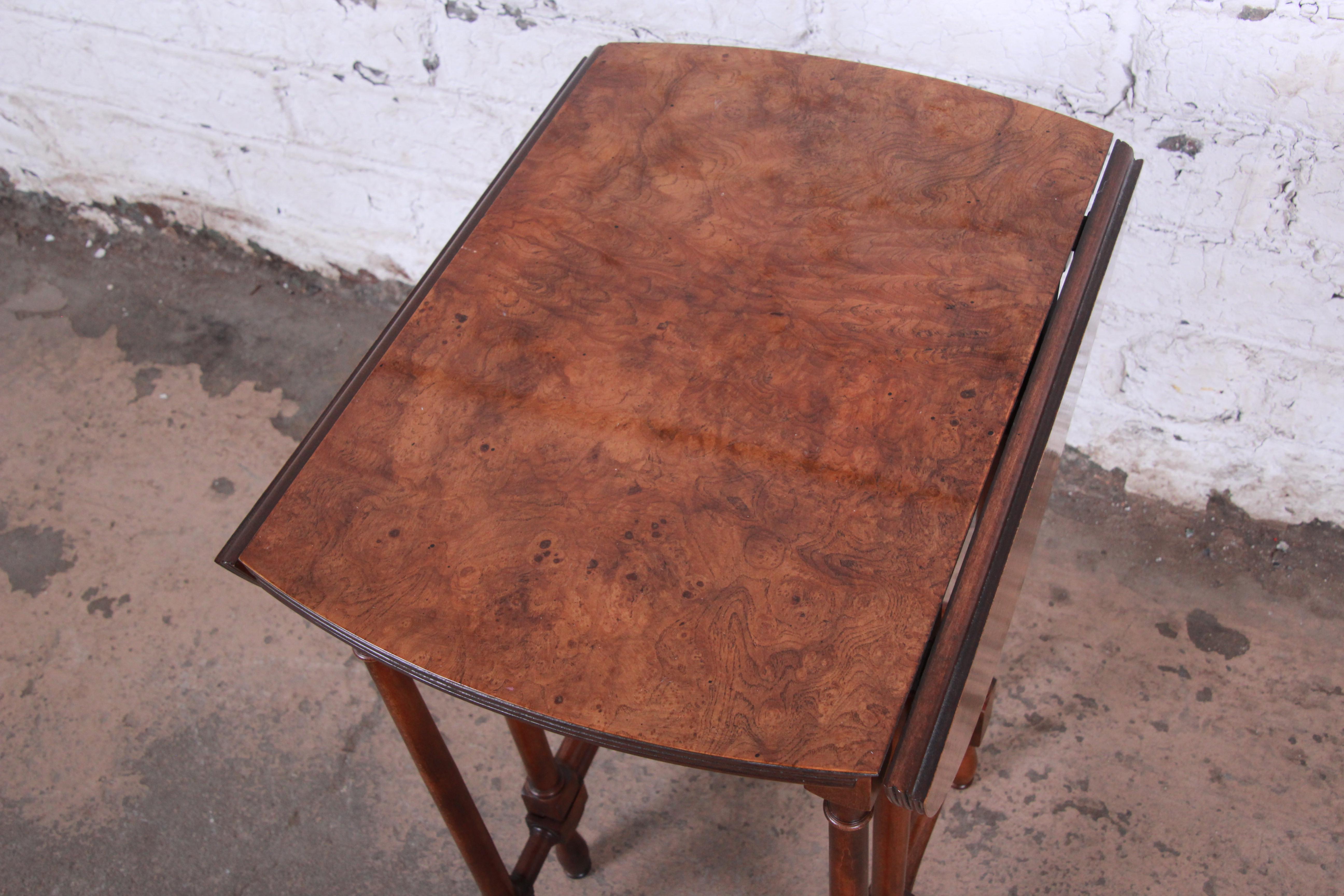 British Colonial Baker Furniture Burled Walnut Gate Leg Drop Leaf Side Table