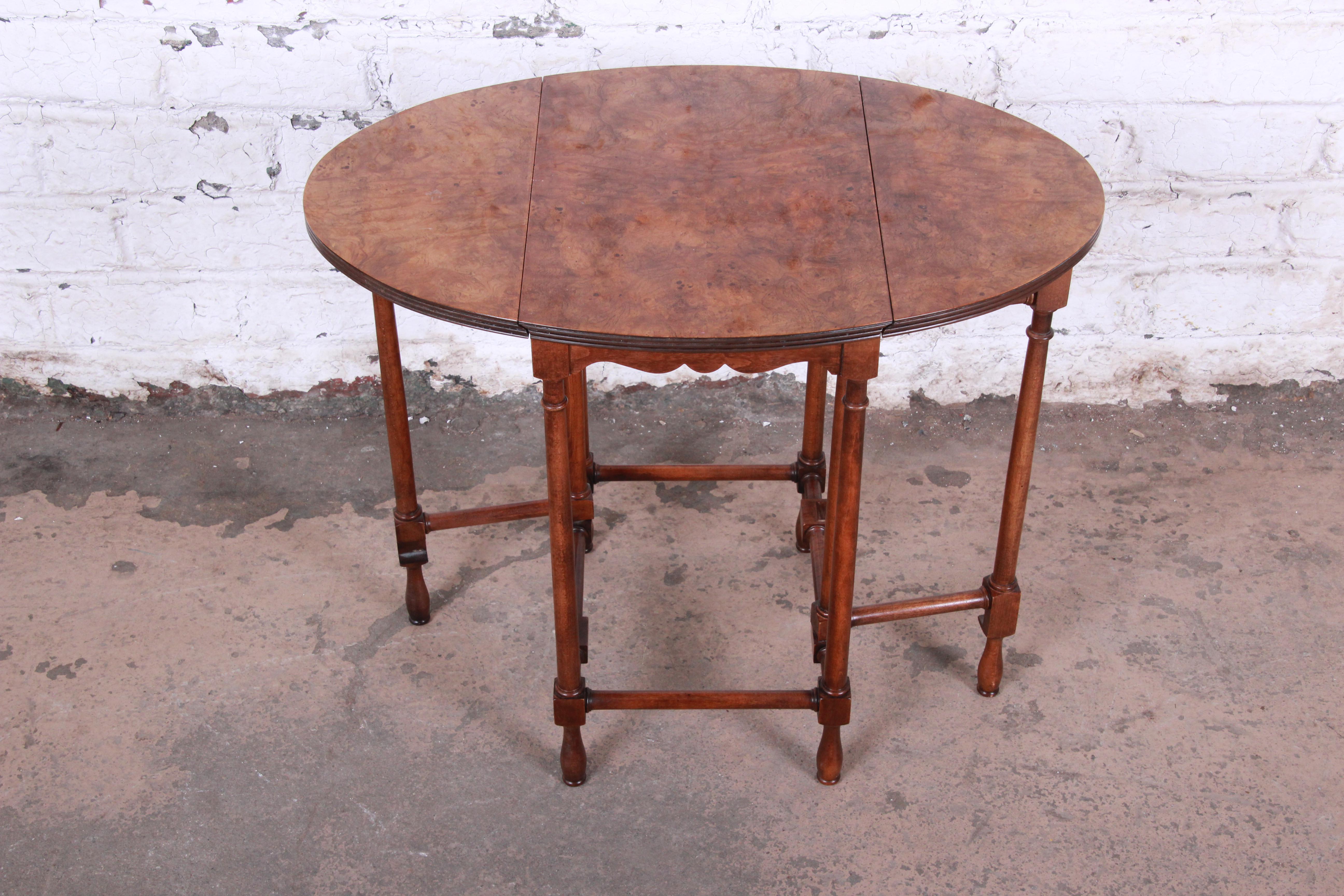 Late 20th Century Baker Furniture Burled Walnut Gate Leg Drop Leaf Side Table