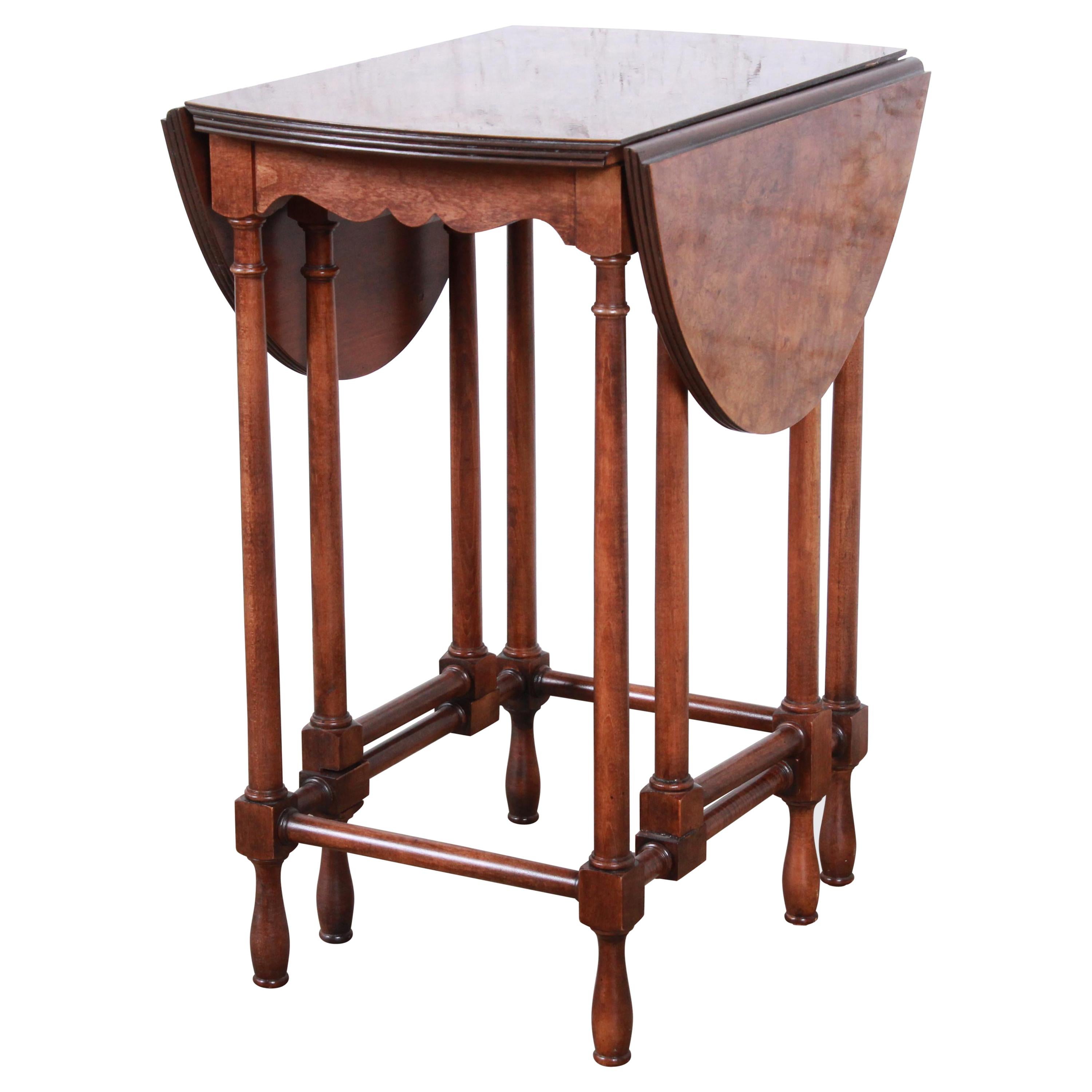 Baker Furniture Burled Walnut Gate Leg Drop Leaf Side Table