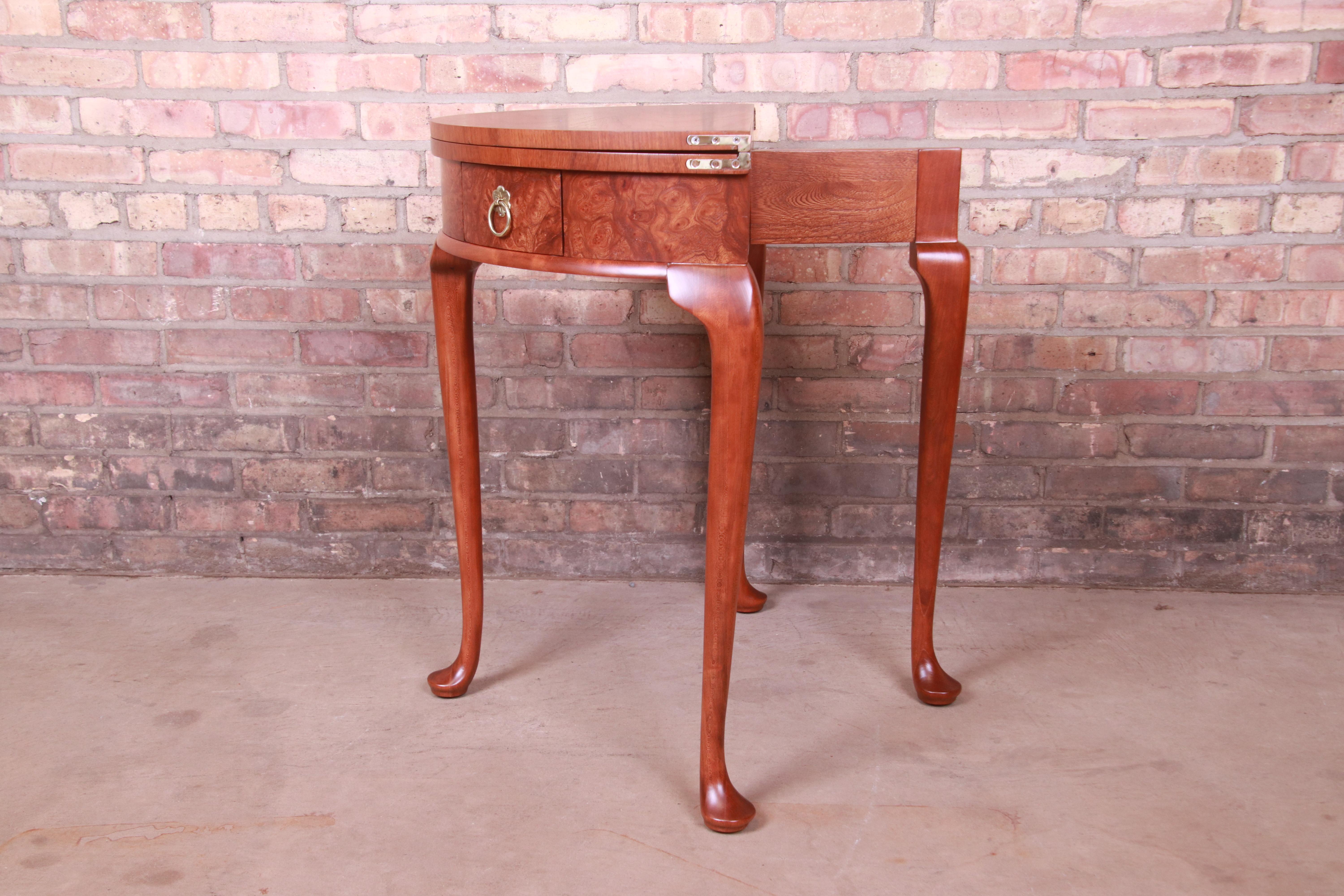 Baker Furniture Burled Walnut Queen Anne Flip Top Demilune Console Table For Sale 4
