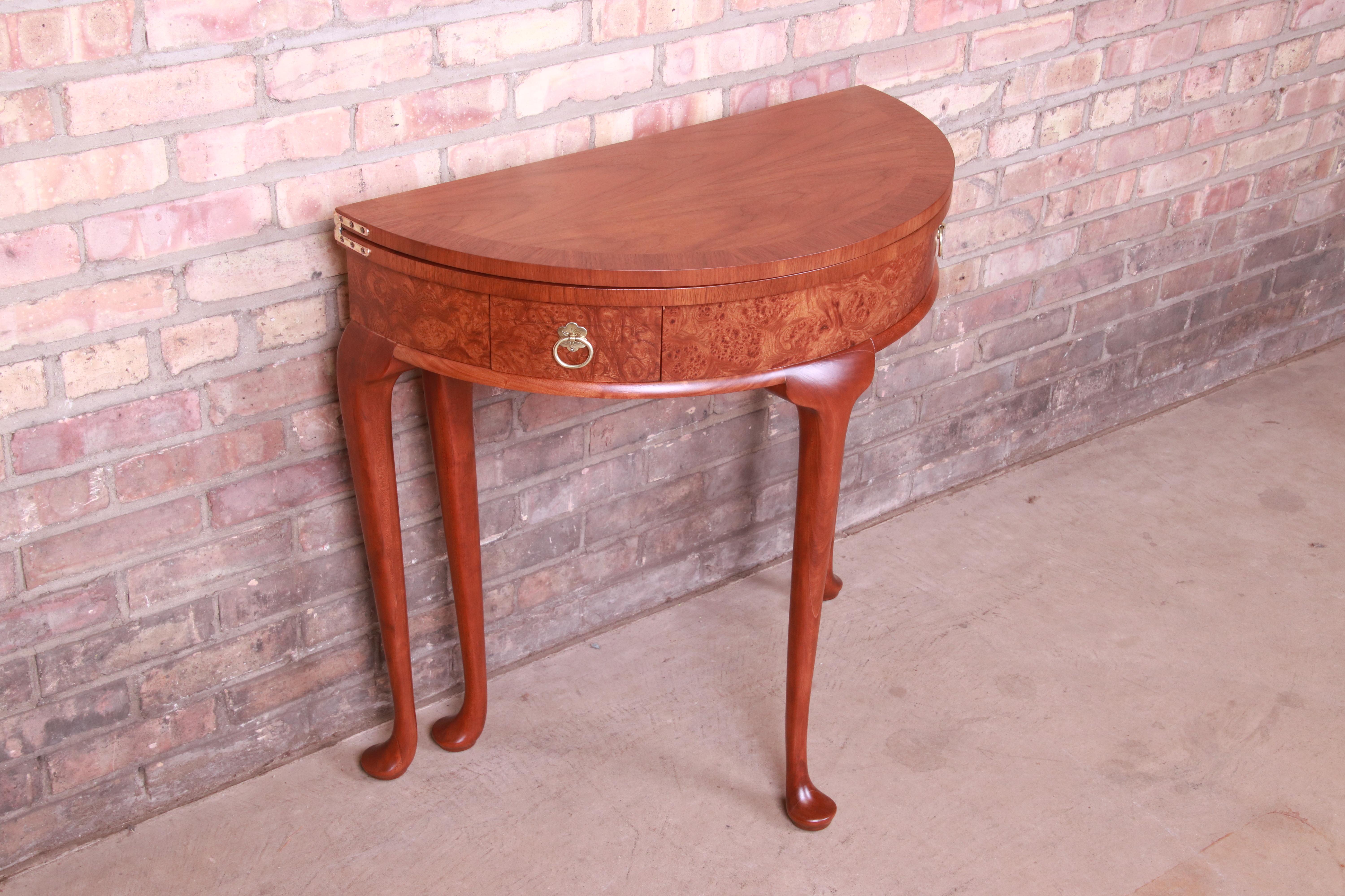 American Baker Furniture Burled Walnut Queen Anne Flip Top Demilune Console Table For Sale