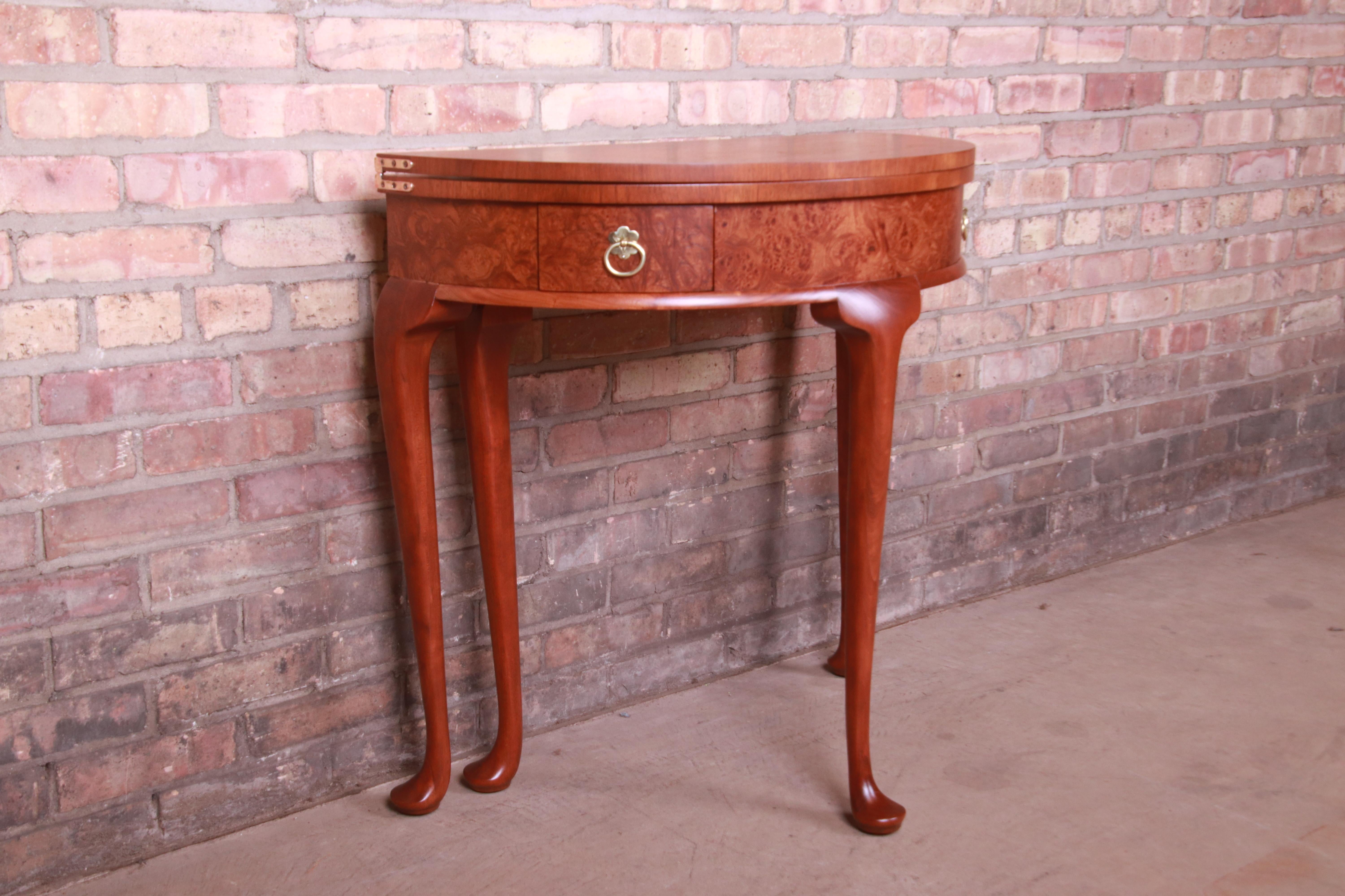 Baker Furniture Burled Walnut Queen Anne Flip Top Demilune Console Table In Good Condition For Sale In South Bend, IN