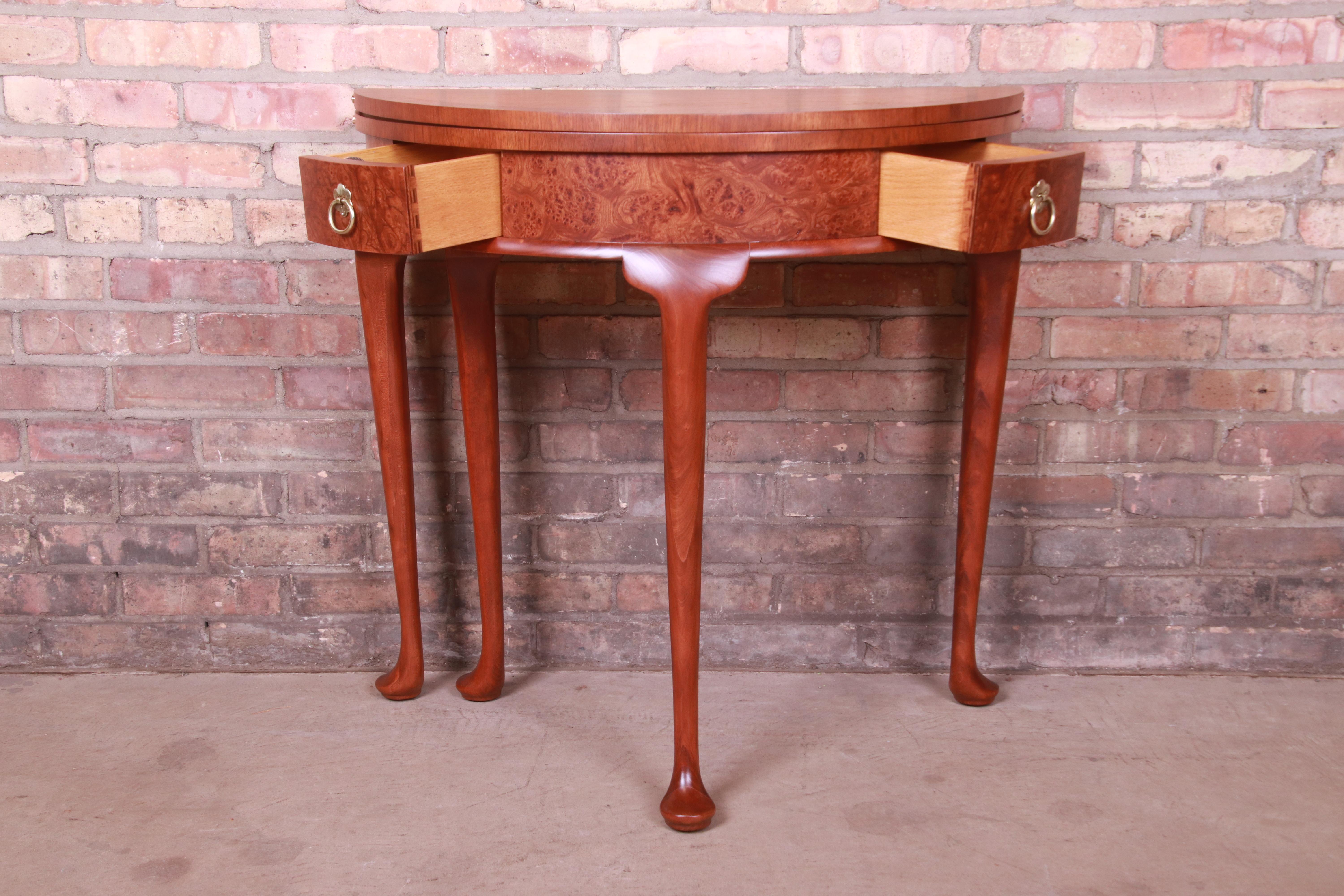 20th Century Baker Furniture Burled Walnut Queen Anne Flip Top Demilune Console Table For Sale