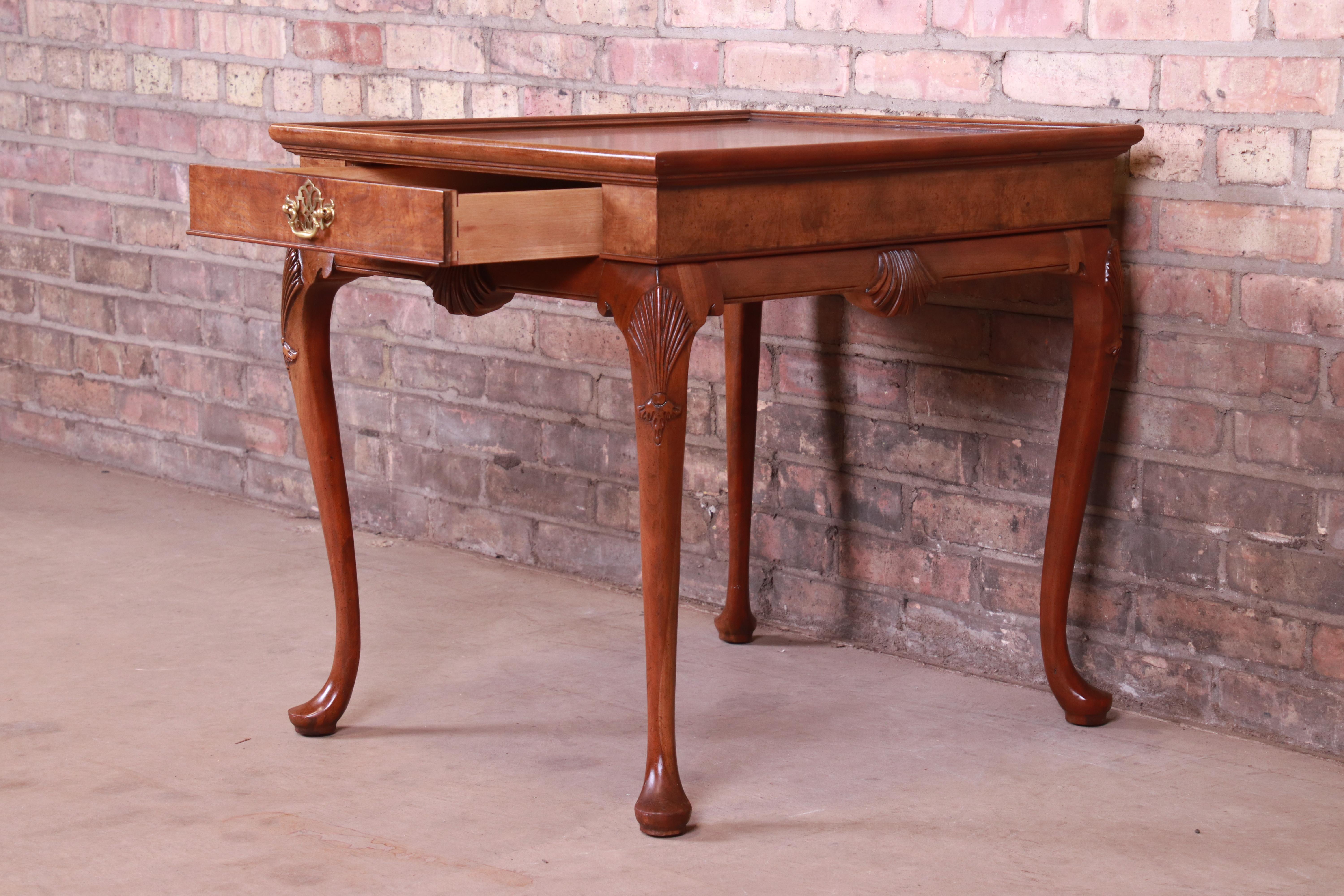 Brass Baker Furniture Burled Walnut Queen Anne Tea Table