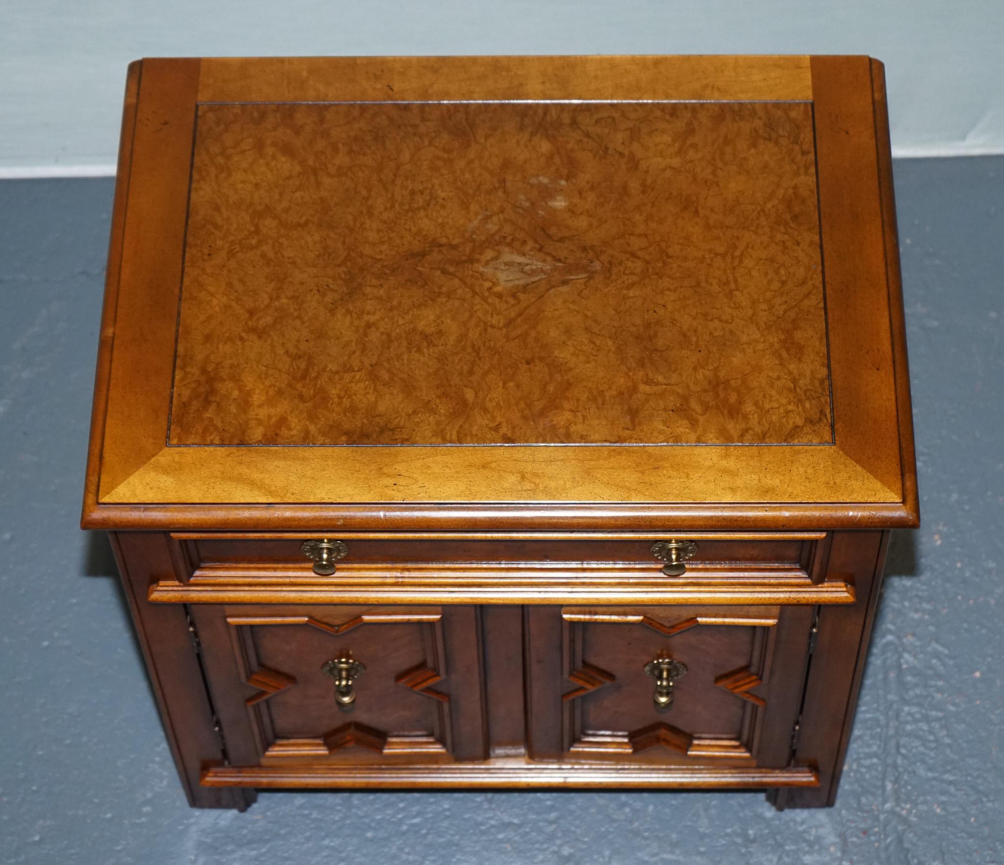 BAKER FURNITURE BURR WALNUT BEDSIDE CABiNET WITH DRAWER AND CARVED DOORS For Sale 2