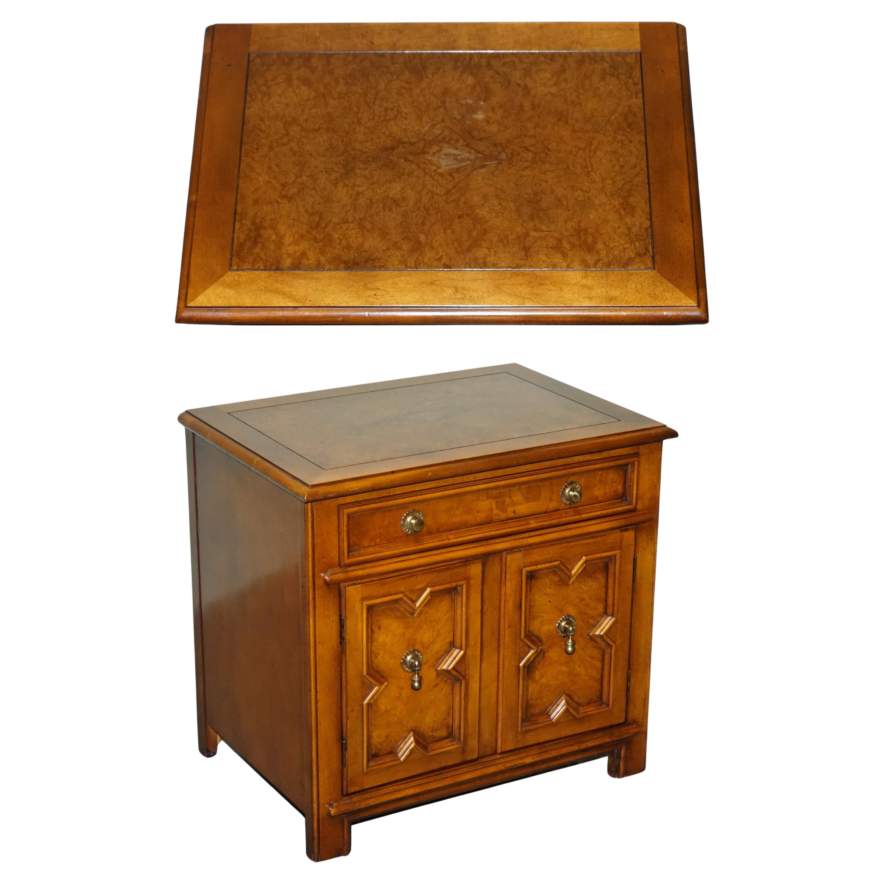 BAKER FURNITURE BURR WALNUT BEDSIDE CABiNET WITH DRAWER AND CARVED DOORS For Sale