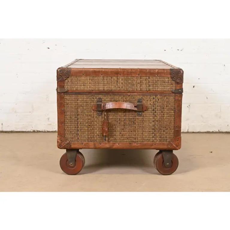 Baker Furniture Campaign Rattan and Leather Trunk Coffee Table For Sale 4
