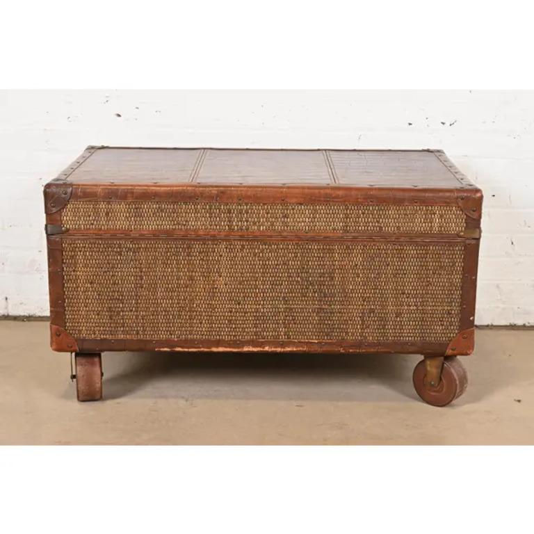 Baker Furniture Campaign Rattan and Leather Trunk Coffee Table For Sale 5